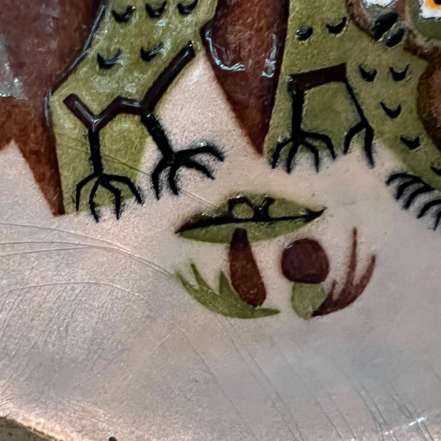 American 1960s Hand Crafted Enamel OWL Plate by Annemarie Davidson Sierra Madre, Calif