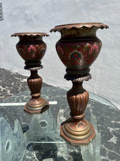 1960s Hand Crafted Painted Etched Brass Planters