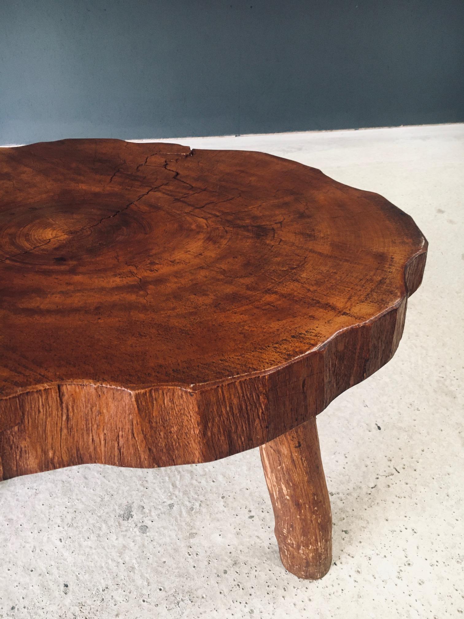 1960's Hand Crafted Tripod Teak Tree Trunk Coffee Table For Sale 4