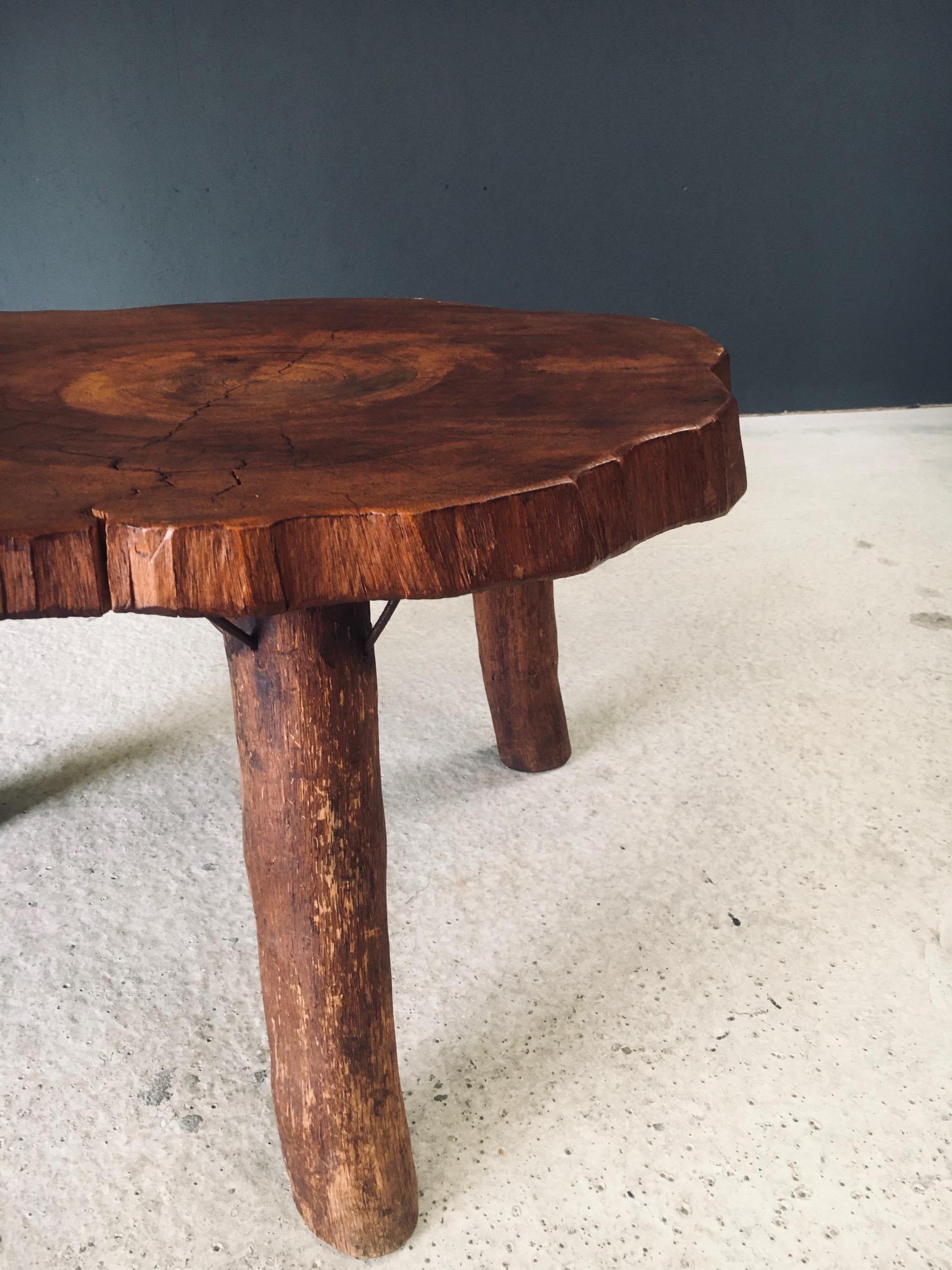 1960's Hand Crafted Tripod Teak Tree Trunk Coffee Table For Sale 11