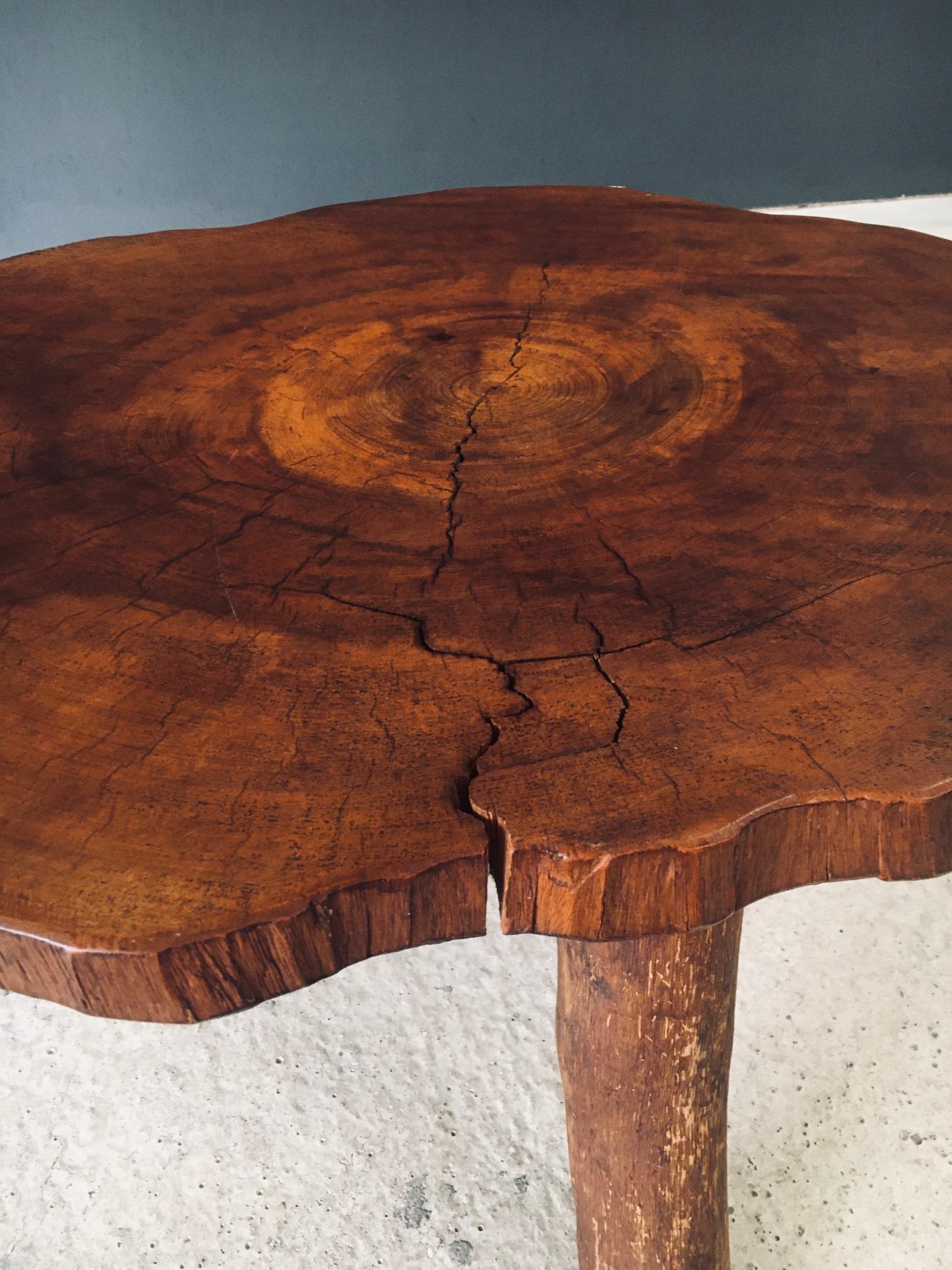 1960's Hand Crafted Tripod Teak Tree Trunk Coffee Table For Sale 13