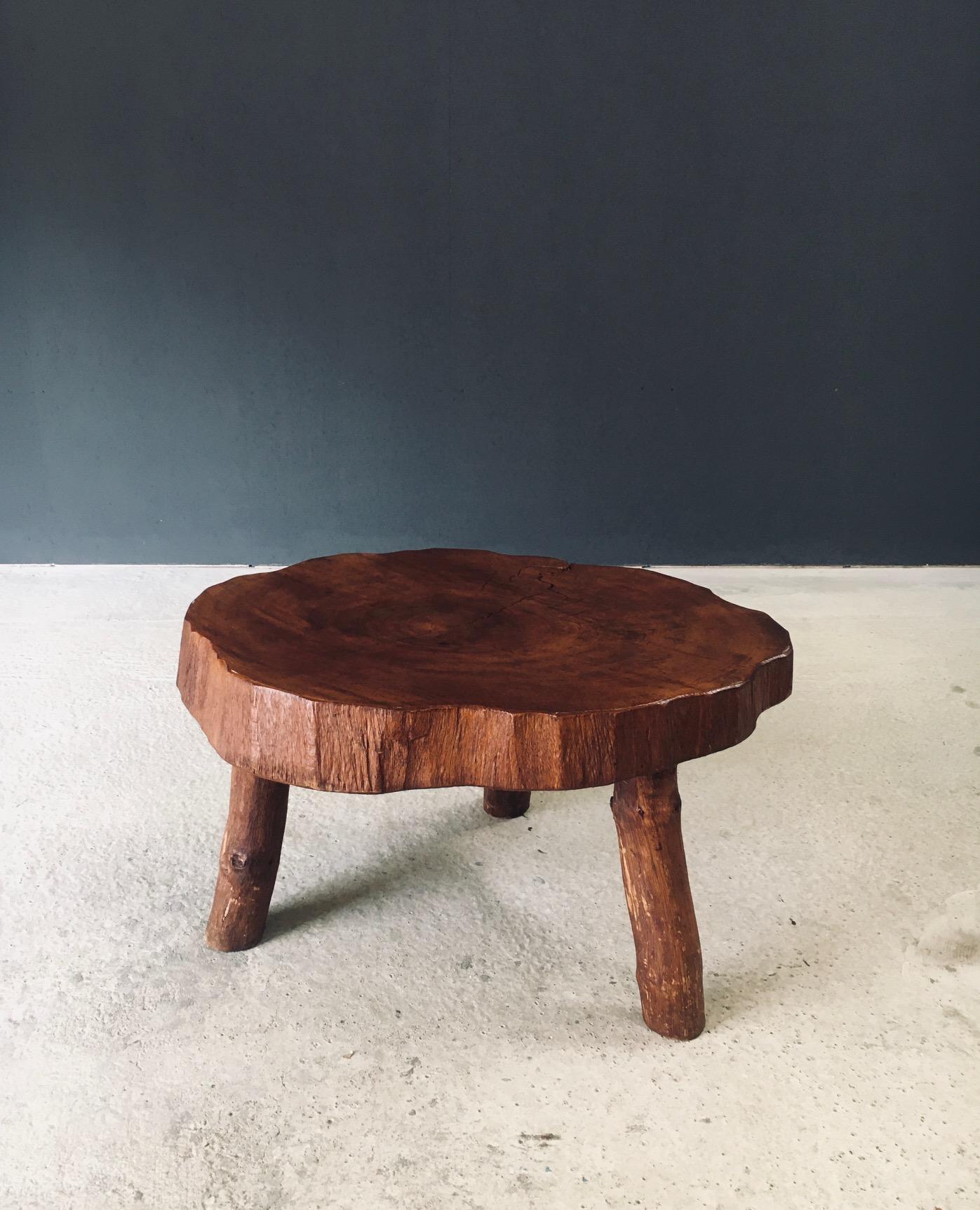 Belgian 1960's Hand Crafted Tripod Teak Tree Trunk Coffee Table For Sale