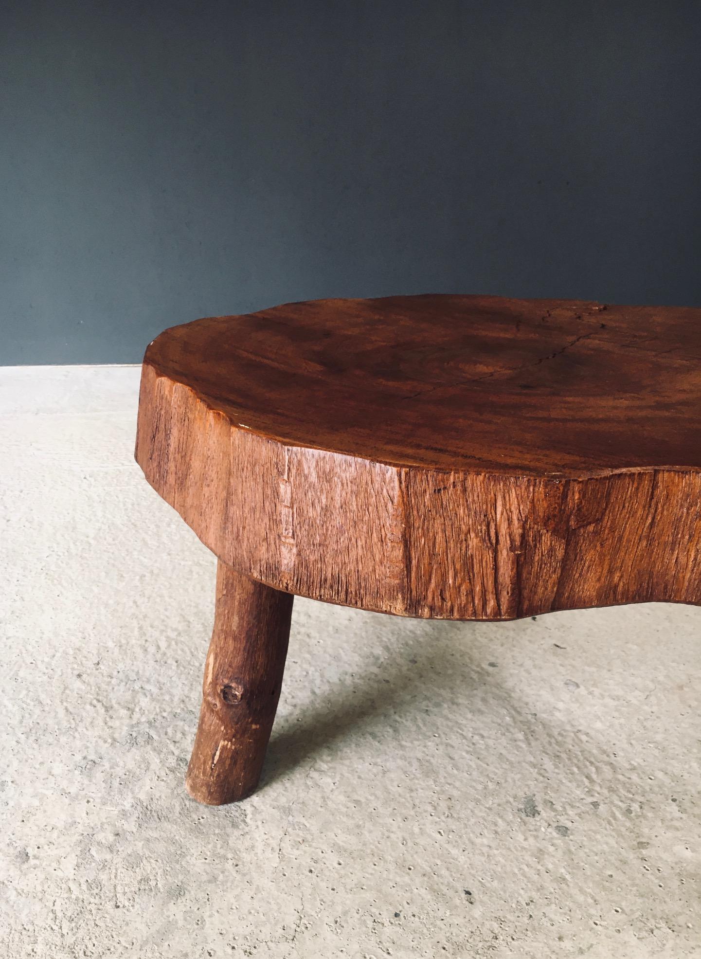 1960's Hand Crafted Tripod Teak Tree Trunk Coffee Table For Sale 1