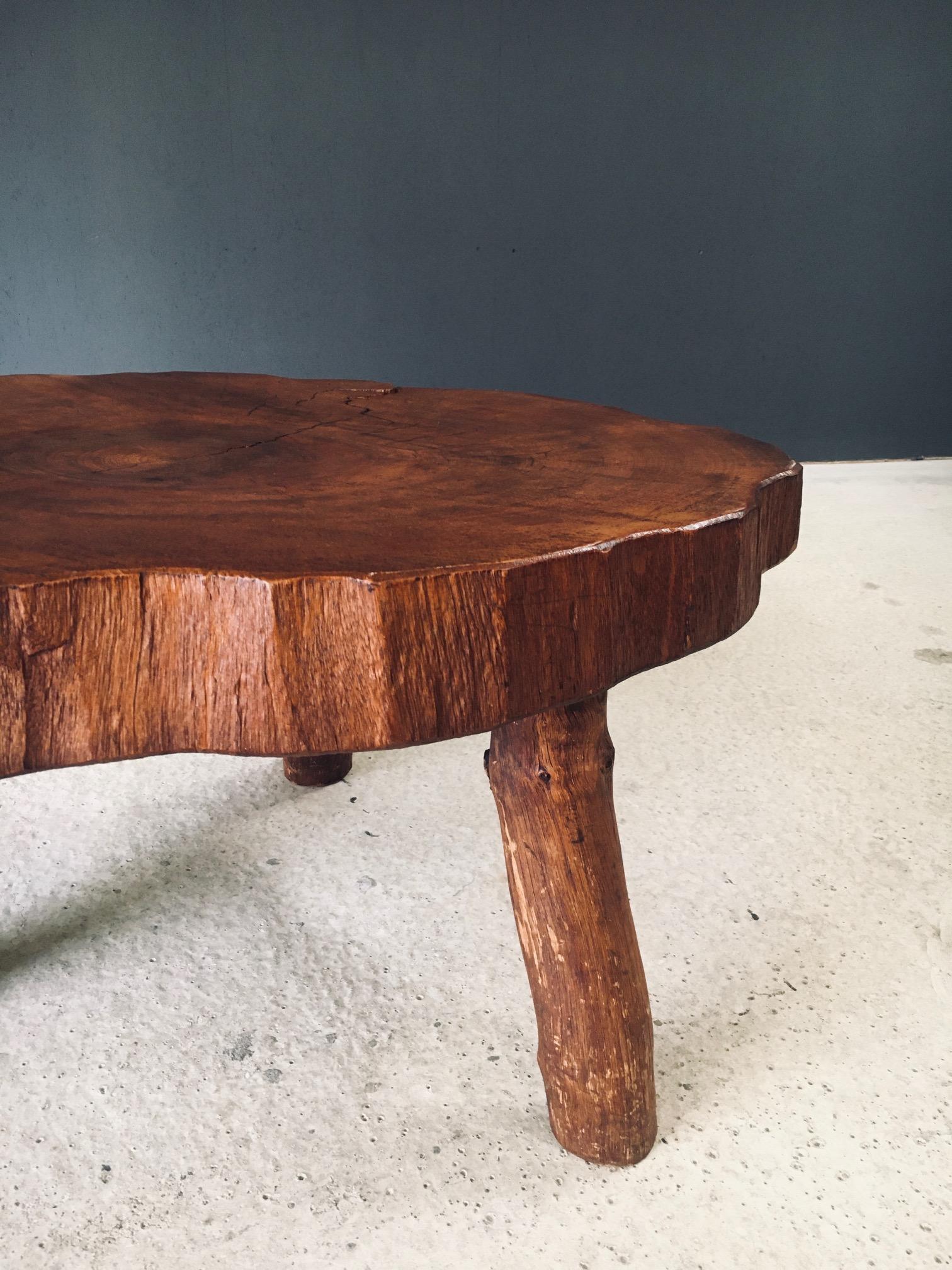 1960's Hand Crafted Tripod Teak Tree Trunk Coffee Table For Sale 2