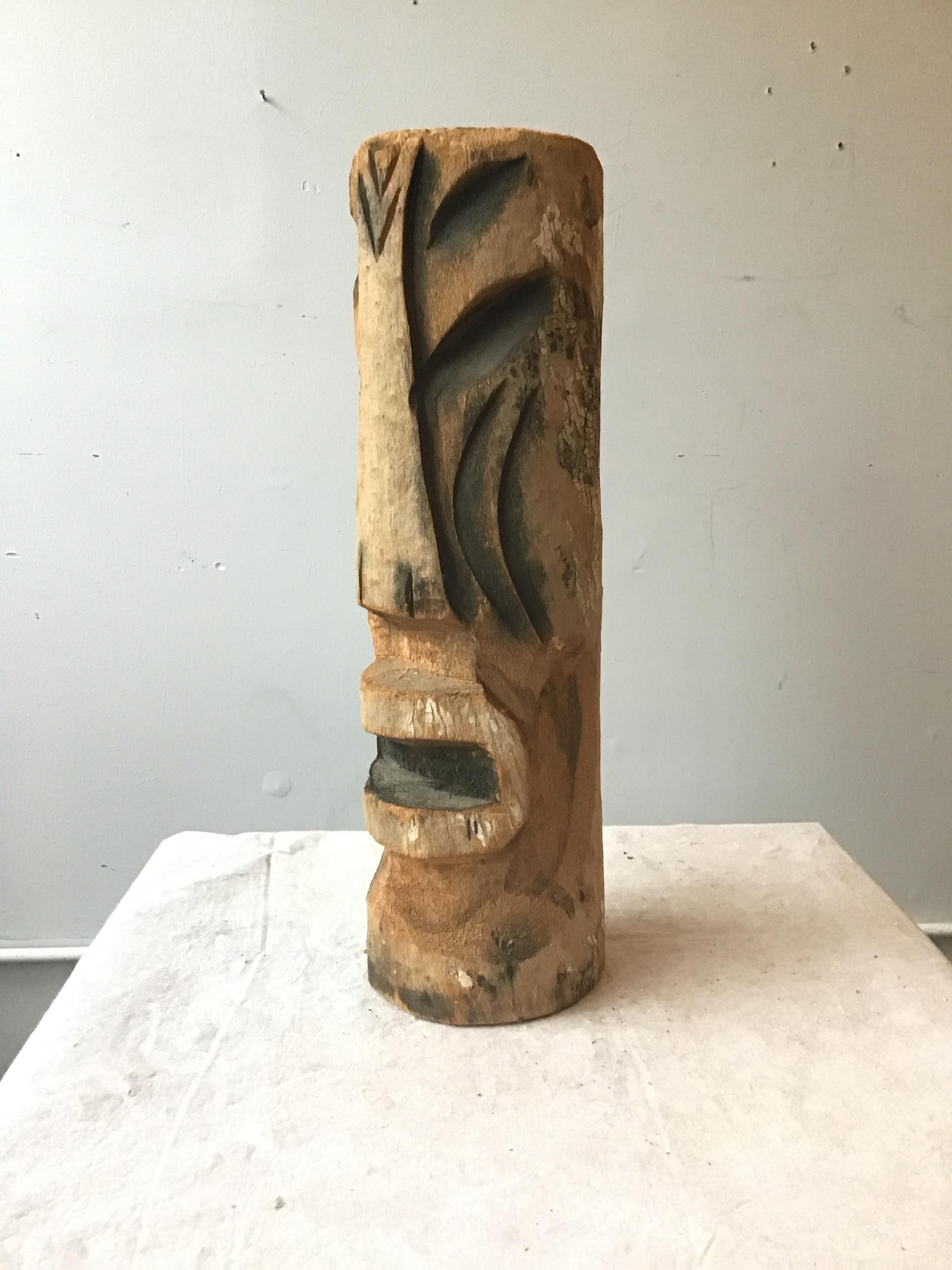 1960s Hand Craved Wood Head Tiki Totem Sculpture 
Black highlights 
Carvings in the round