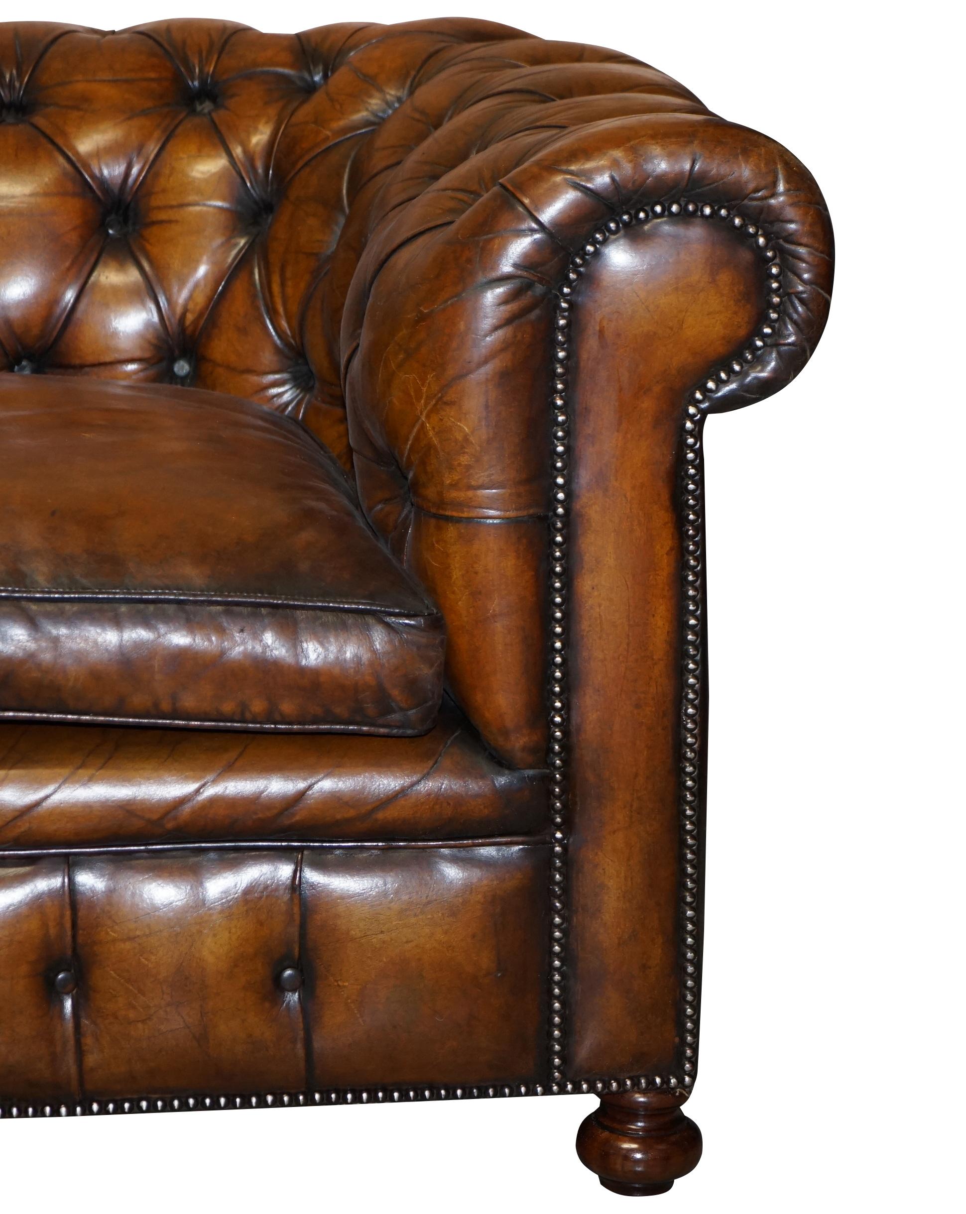 Chesterfield 1960'S HAND DYED RESTORED CIGAR BROWN LEATHER CHESTERFIELD CLUB SOFA ENGLISH 