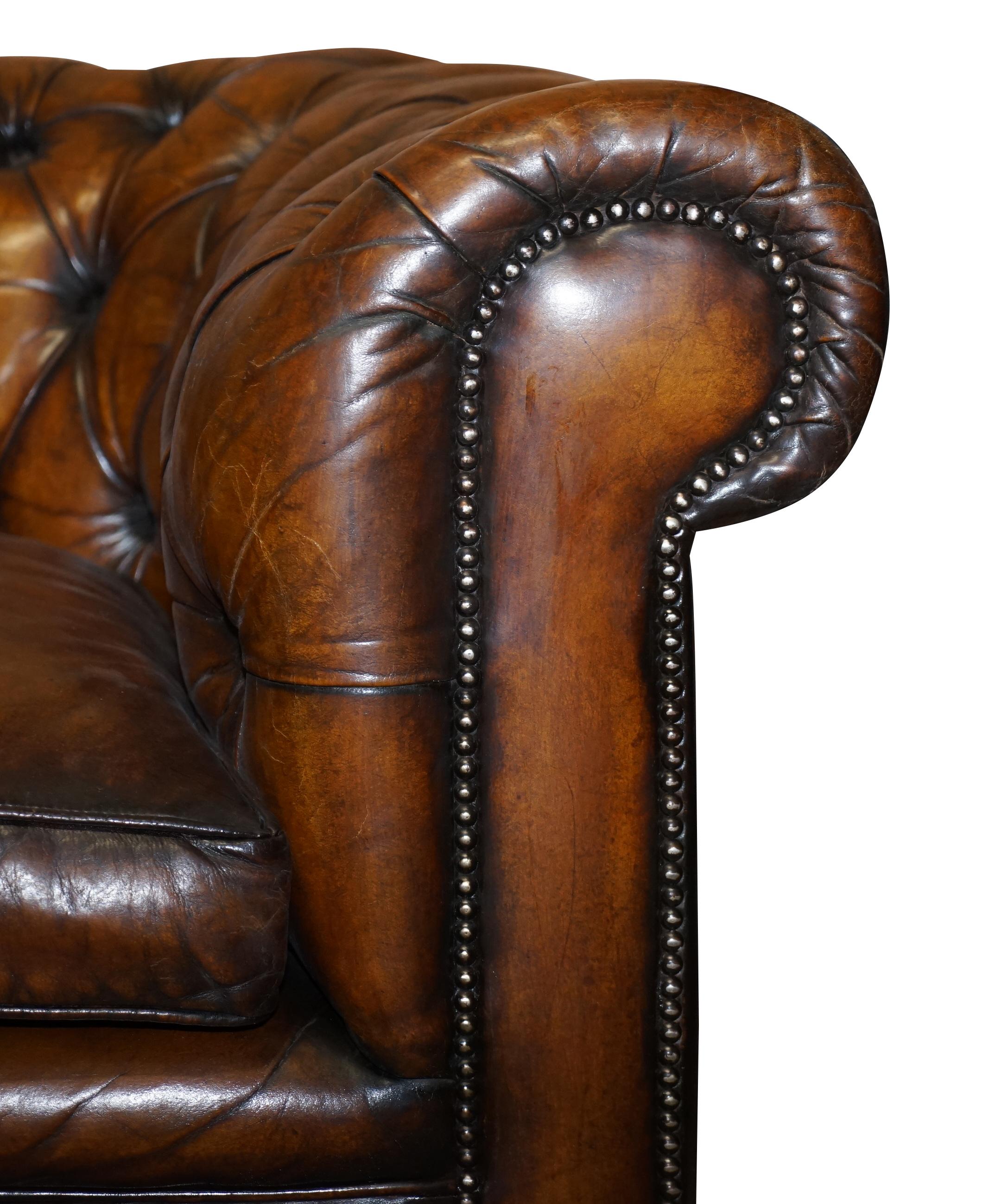 1960s Hand Dyed Restored Cigar Brown Leather Chesterfield Club Sofa English For Sale 4