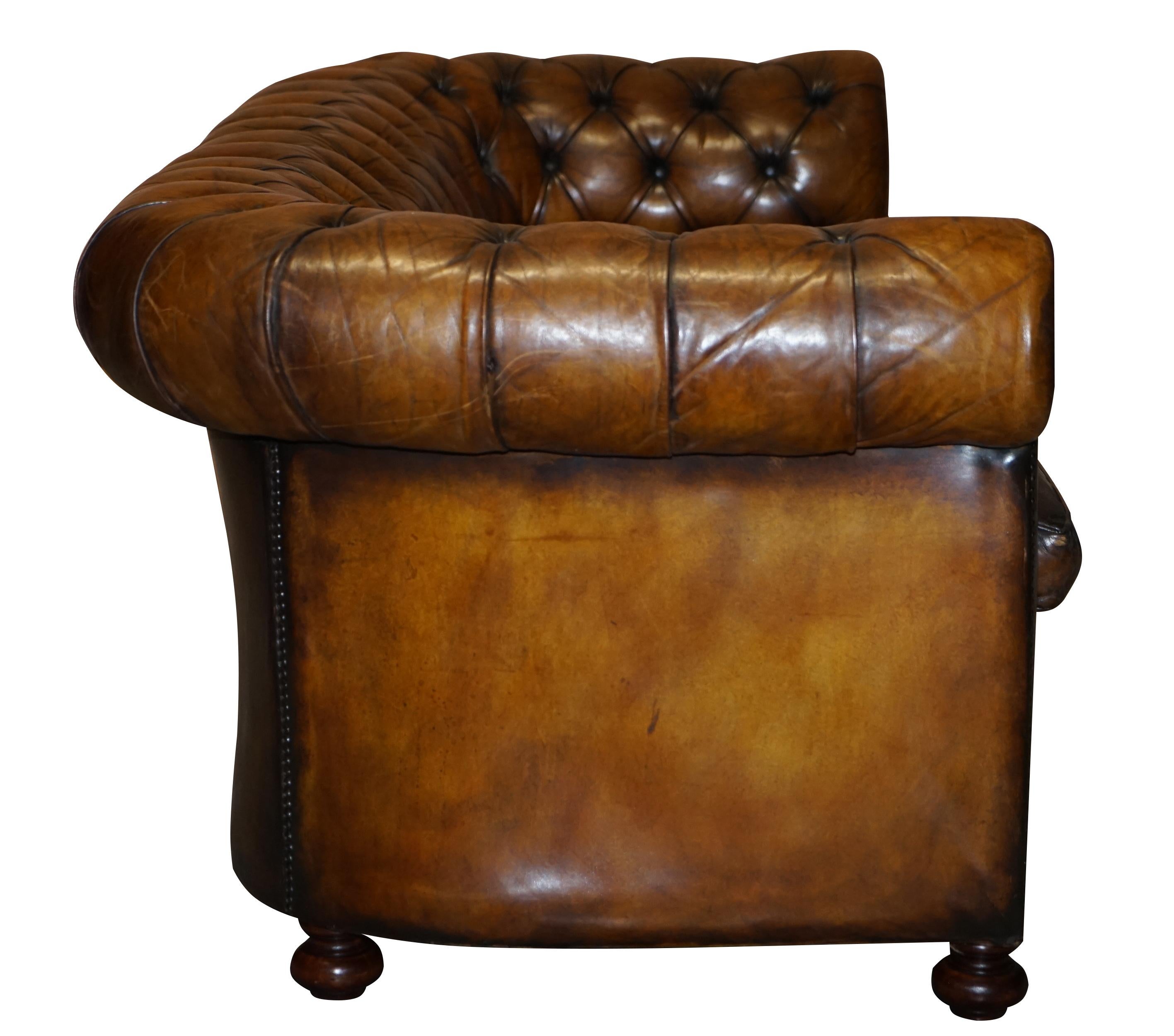 1960s Hand Dyed Restored Cigar Brown Leather Chesterfield Club Sofa English For Sale 7
