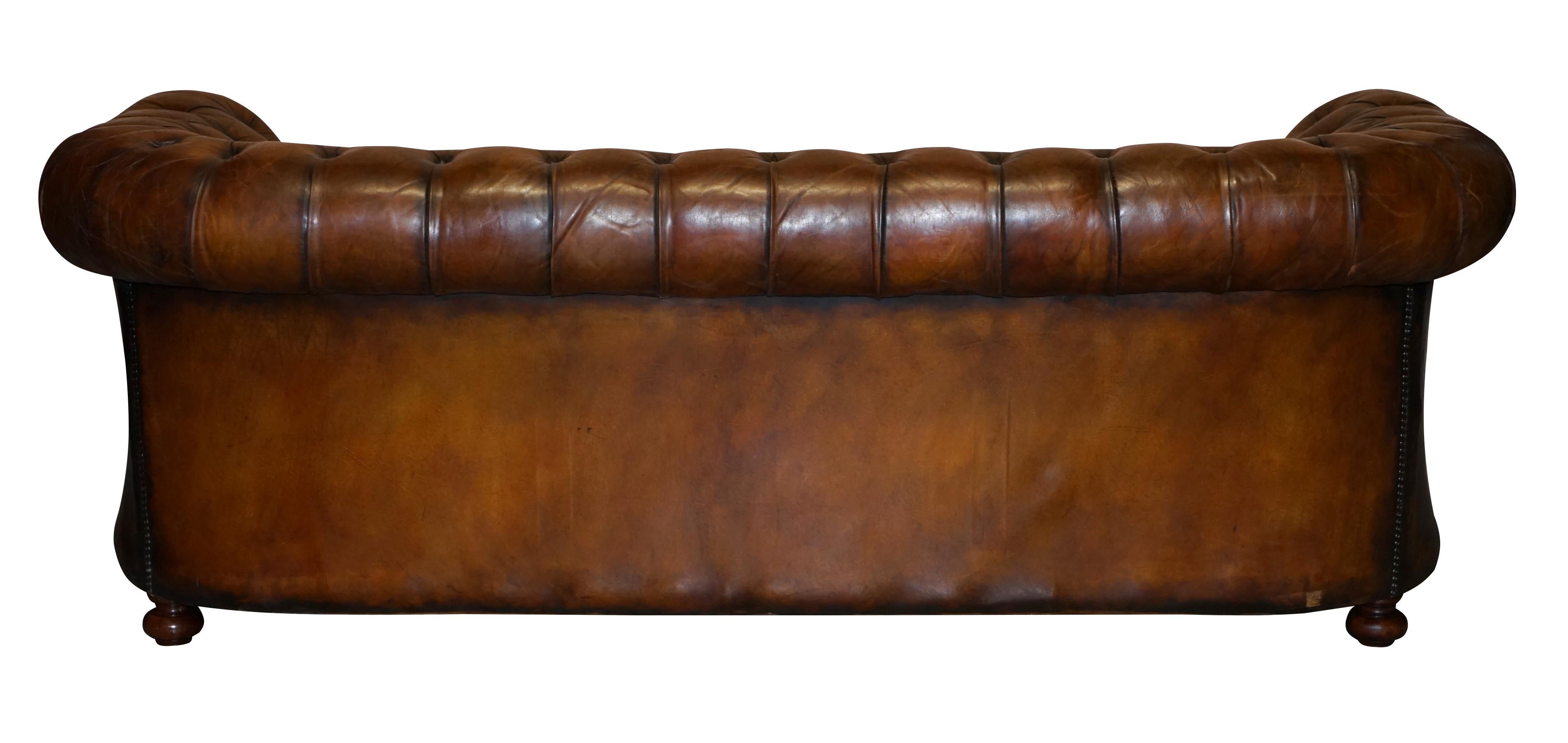 1960s Hand Dyed Restored Cigar Brown Leather Chesterfield Club Sofa English For Sale 8