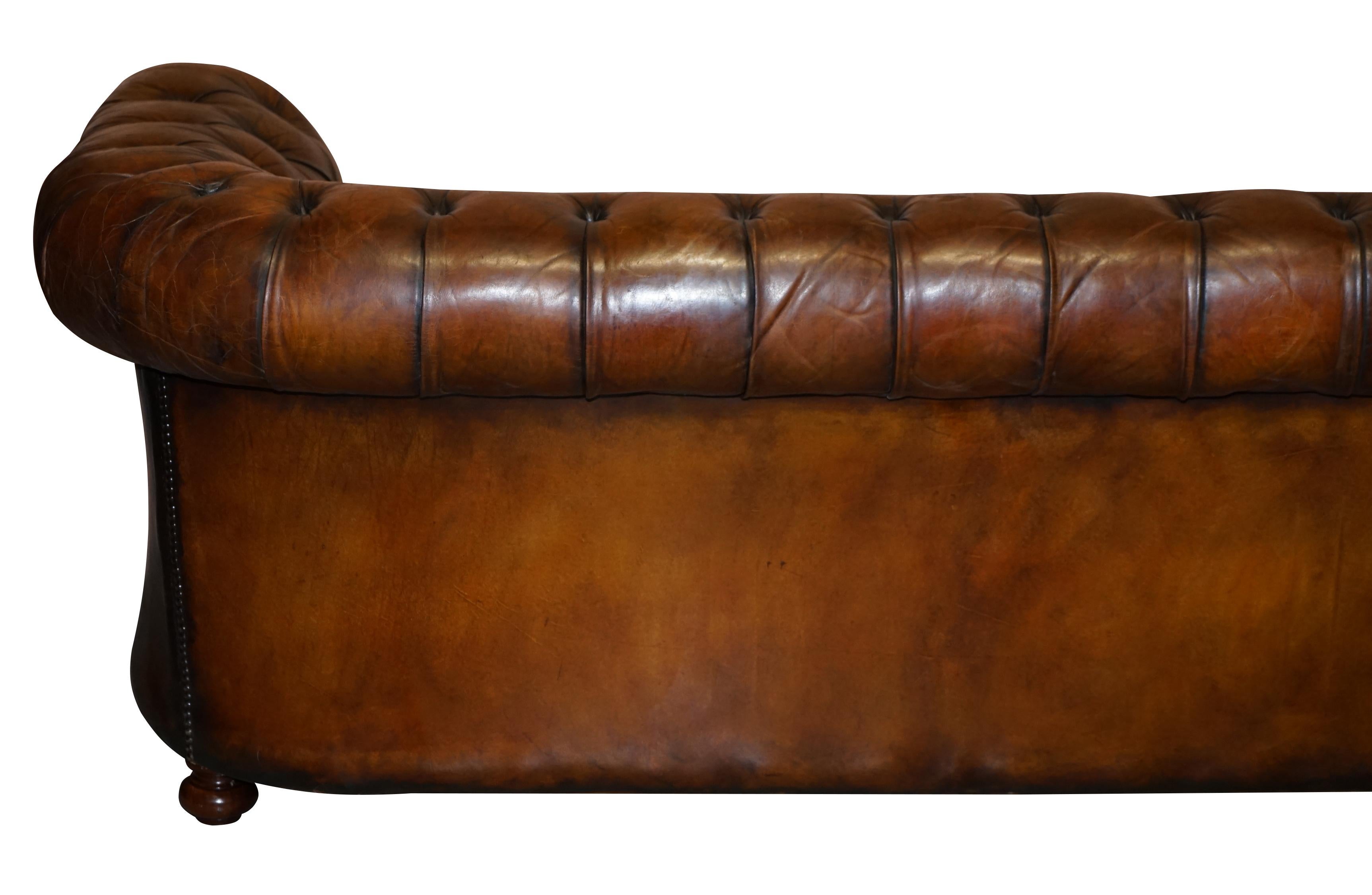 1960s Hand Dyed Restored Cigar Brown Leather Chesterfield Club Sofa English For Sale 9