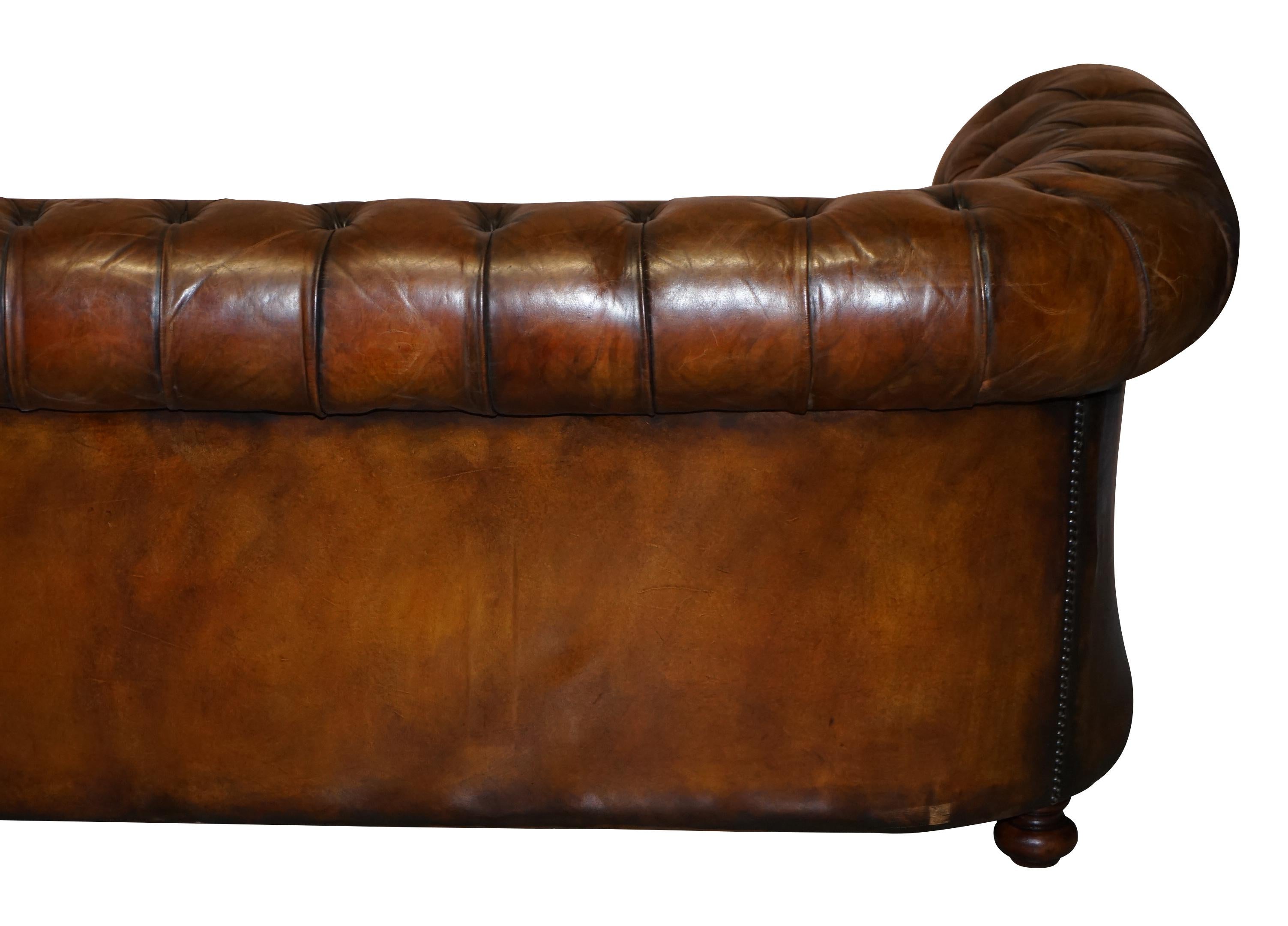 1960s Hand Dyed Restored Cigar Brown Leather Chesterfield Club Sofa English For Sale 10