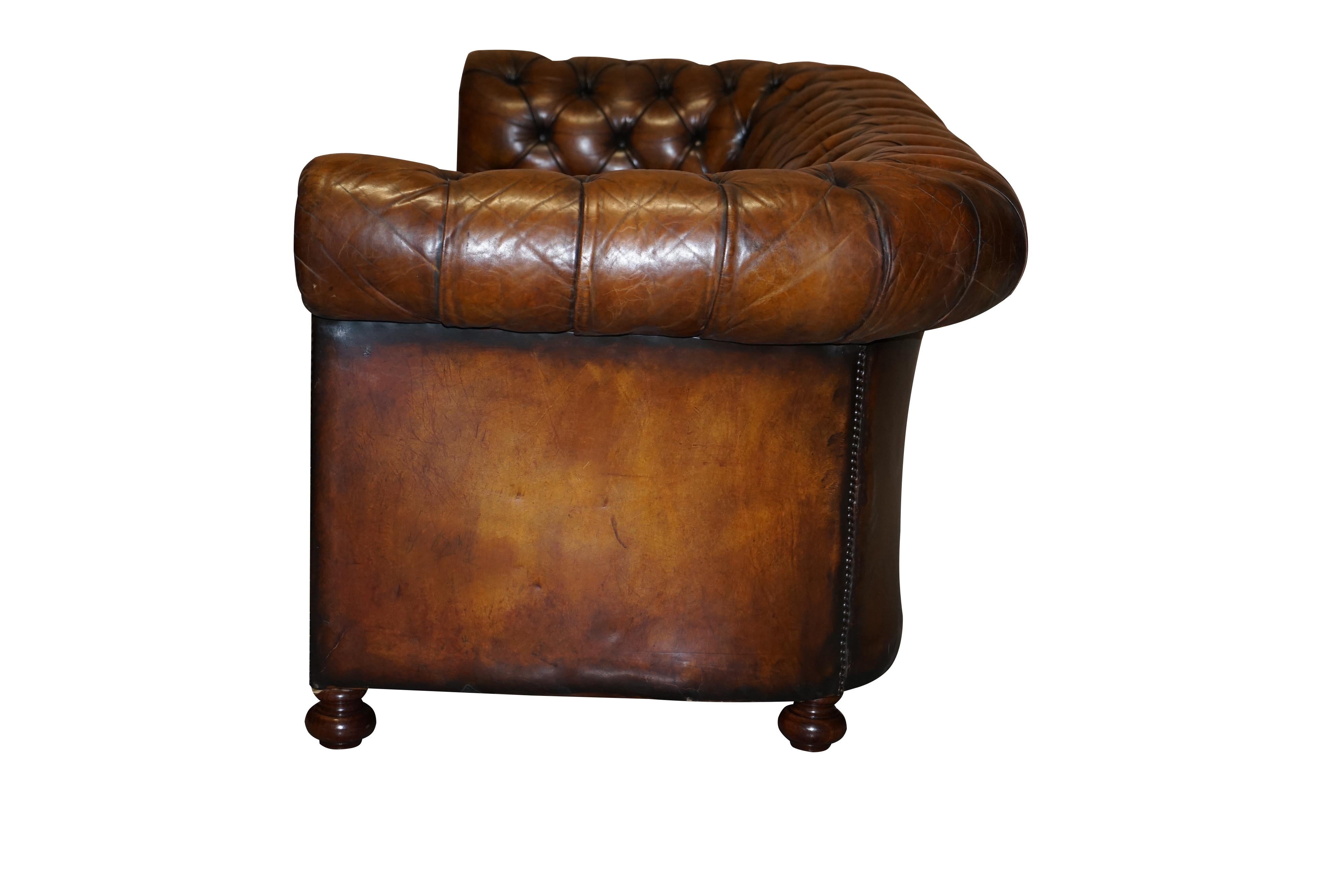 1960s Hand Dyed Restored Cigar Brown Leather Chesterfield Club Sofa English For Sale 11