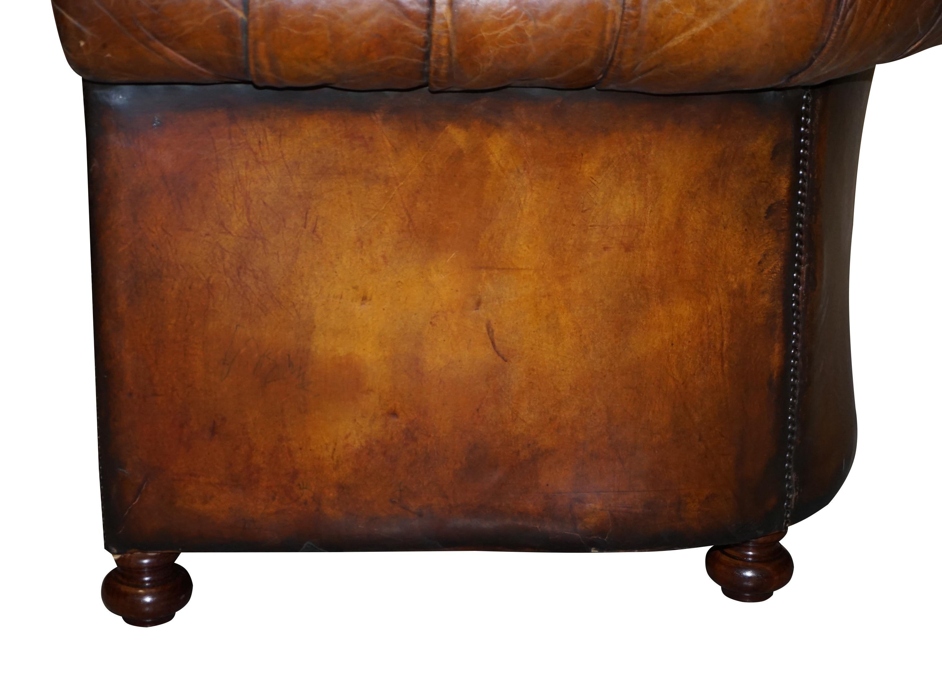 1960s Hand Dyed Restored Cigar Brown Leather Chesterfield Club Sofa English For Sale 12