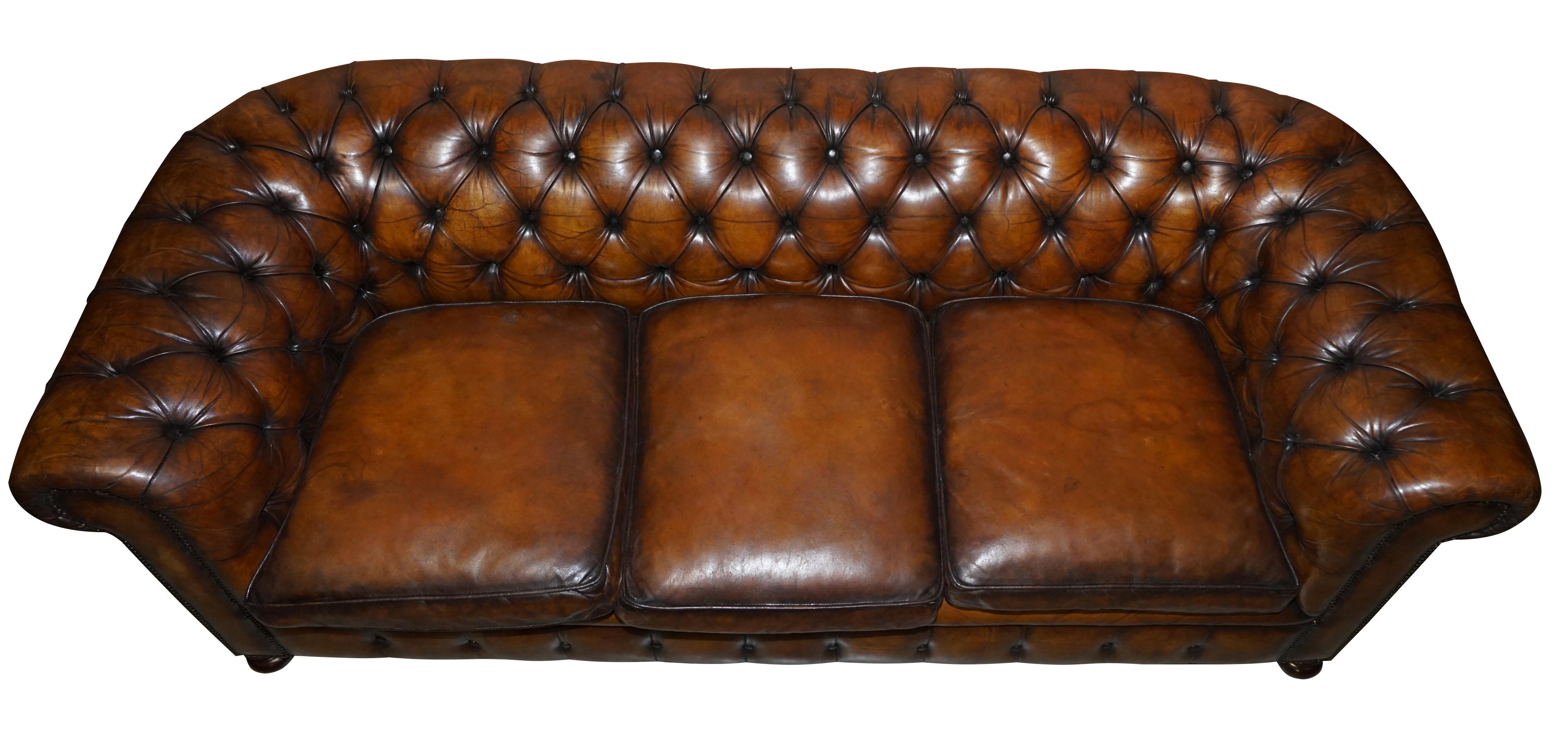 Mid-Century Modern 1960s Hand Dyed Restored Cigar Brown Leather Chesterfield Club Sofa English For Sale