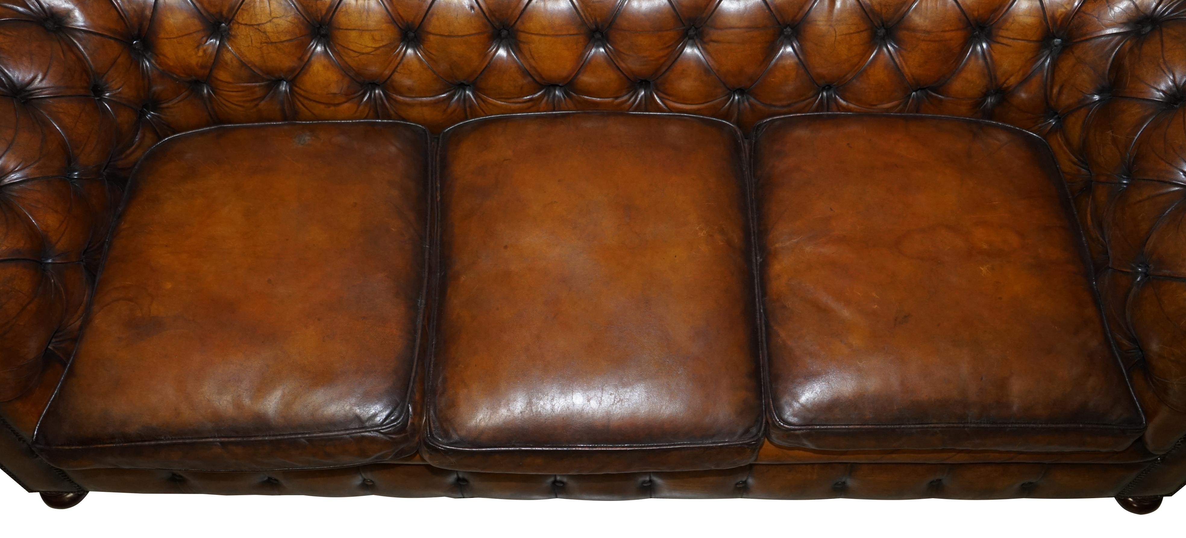 Hand-Crafted 1960s Hand Dyed Restored Cigar Brown Leather Chesterfield Club Sofa English For Sale