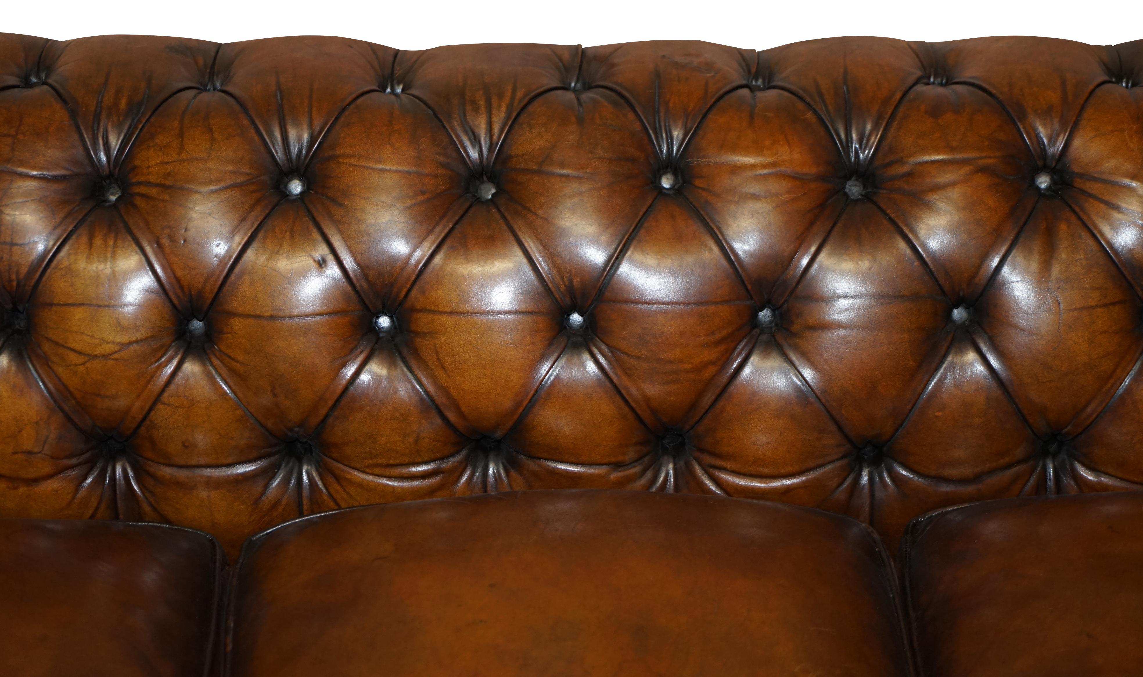 1960s Hand Dyed Restored Cigar Brown Leather Chesterfield Club Sofa English For Sale 1