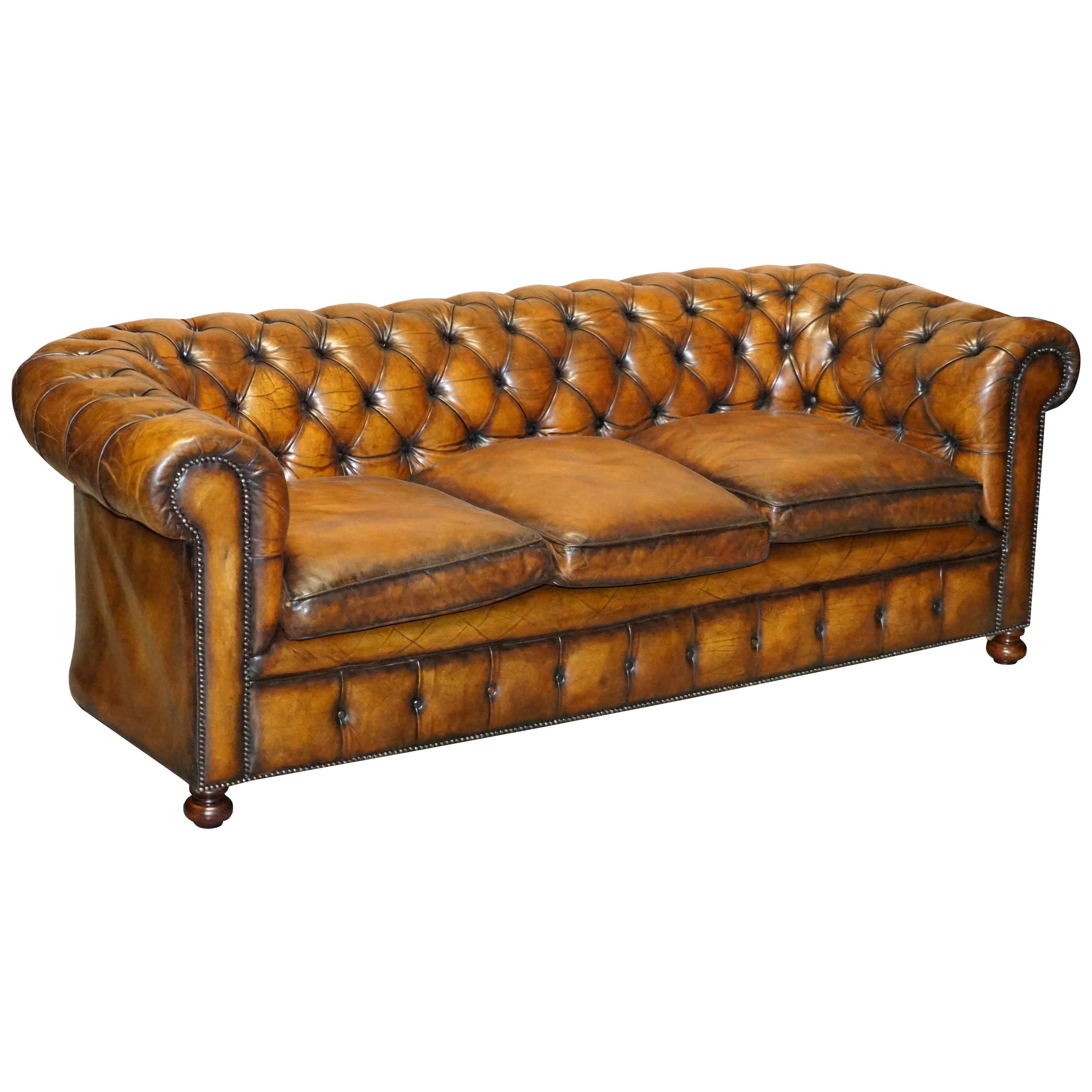 1960s Hand Dyed Restored Cigar Brown Leather Chesterfield Club Sofa English