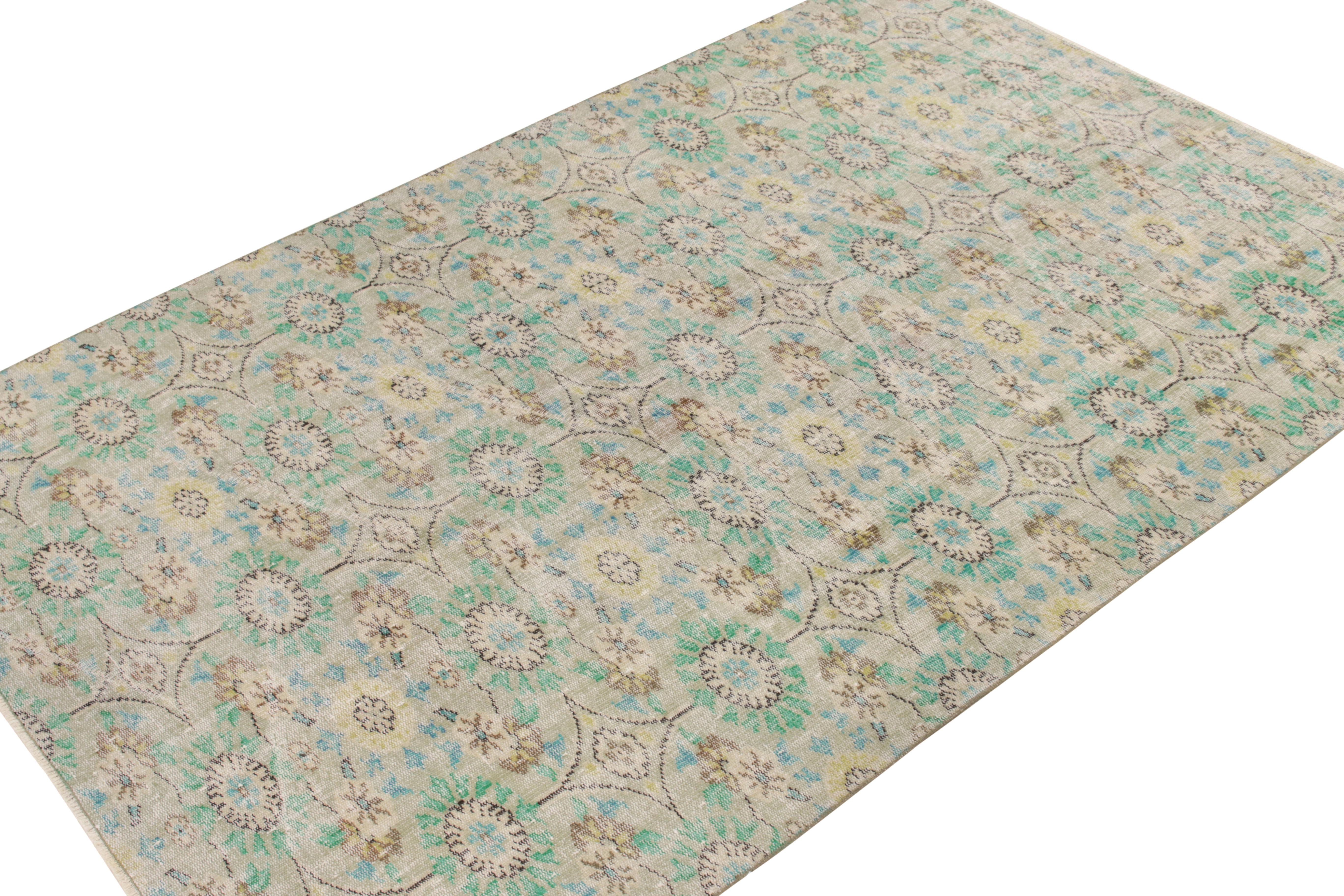 Art Deco 1960s Distressed Vintage Rug in Green, Beige-Brown Floral Pattern by Rug & Kilim For Sale