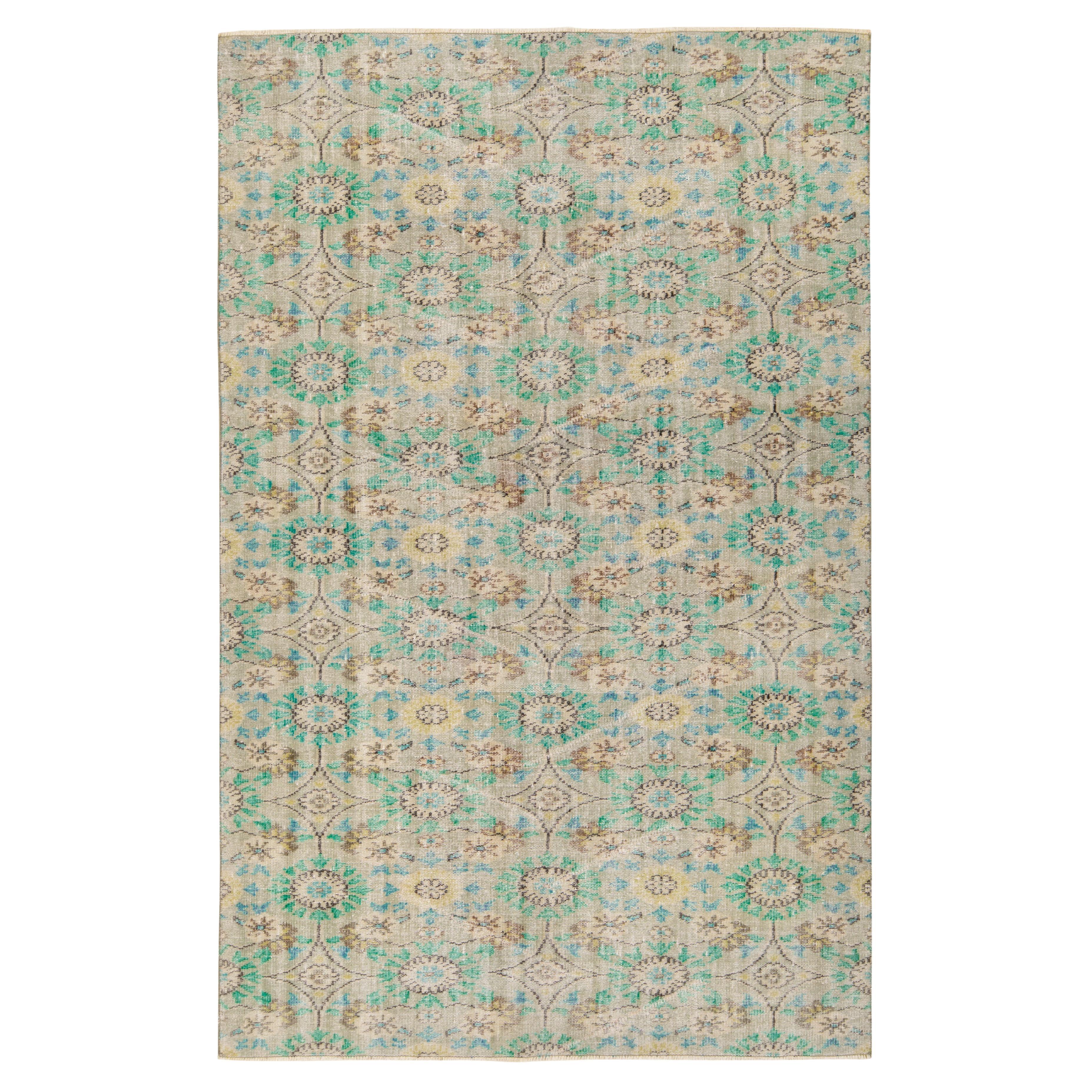 1960s Distressed Vintage Rug in Green, Beige-Brown Floral Pattern by Rug & Kilim