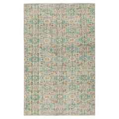 1960s Hand-Knotted Distressed Vintage Rug in Green, Beige-Brown Floral Pattern