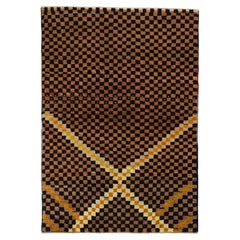 1960s Hand-Knotted Vintage Art Deco Rug in Brown, Black, Gold Geometric Pattern