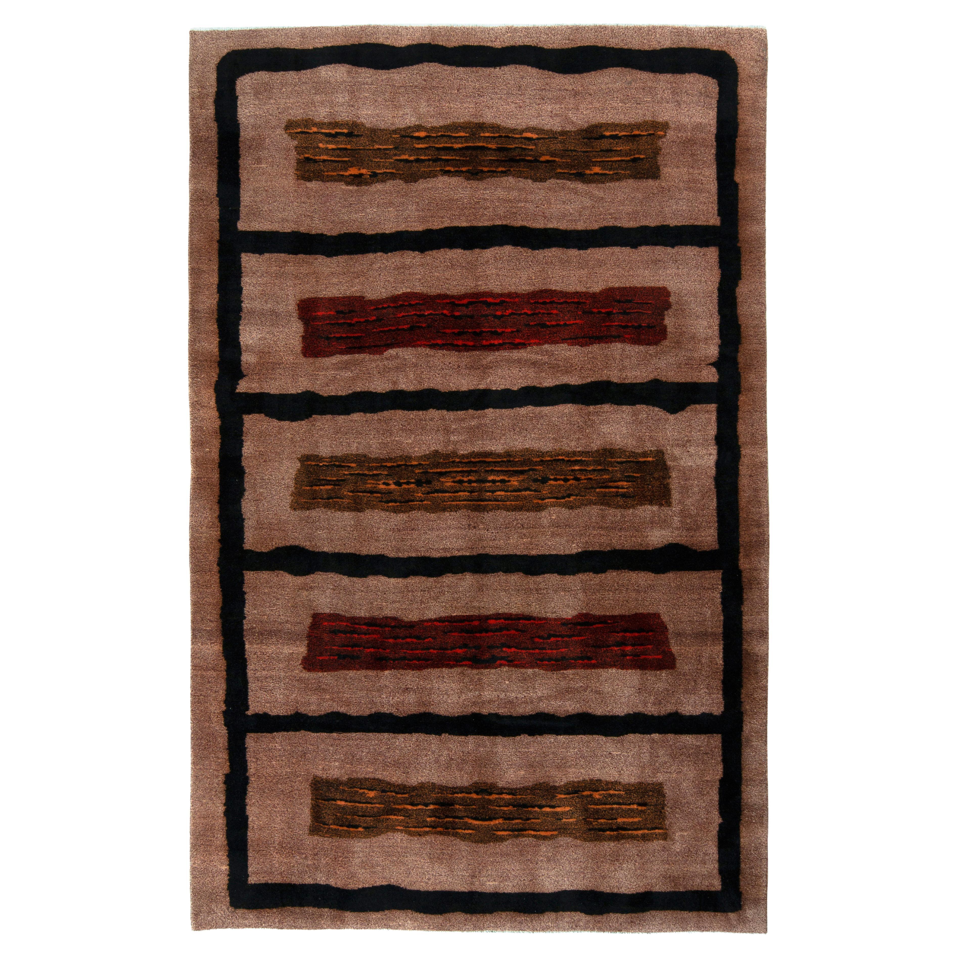 1960s Hand-Knotted Vintage Art Deco Rug in Brown, Black Geometric by Rug & Kilim For Sale