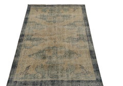 1960s Vintage Distressed Deco Rug in Beige, Blue Floral Pattern by Rug & Kilim