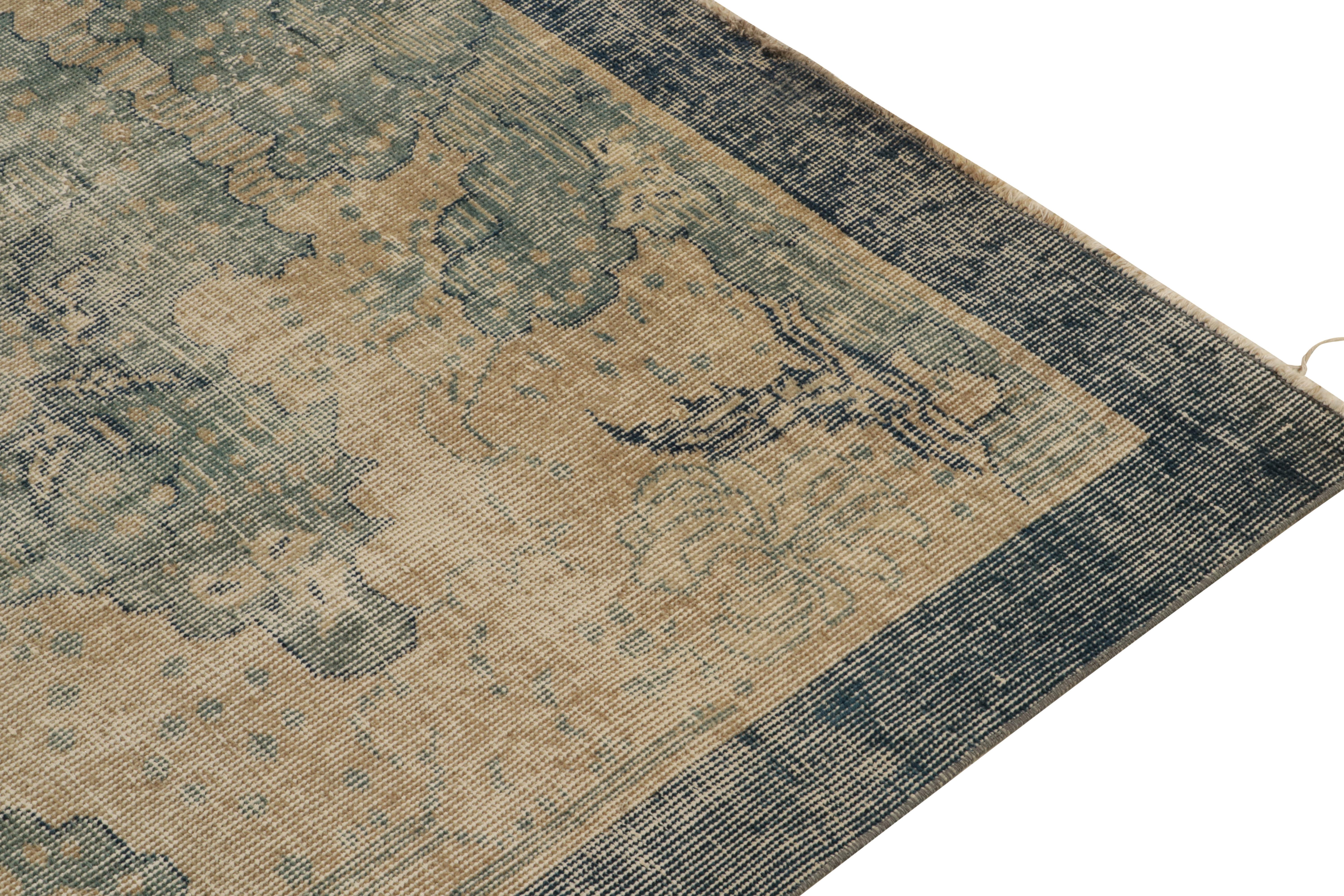 Hand-Knotted 1960s Vintage Distressed Deco Rug in Beige, Blue Floral Pattern by Rug & Kilim For Sale