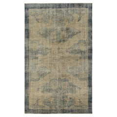 1960s Retro Distressed Deco Rug in Beige, Blue Floral Pattern by Rug & Kilim