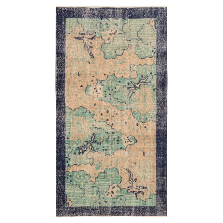 1960s Vintage Distressed Deco Rug in Blue, Cream Floral Pattern by Rug ...