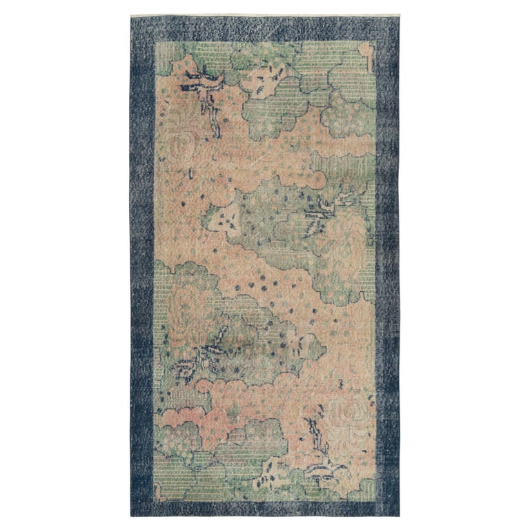 1960s Hand-Knotted Vintage Distressed Deco Rug in Blue Floral by Rug ...