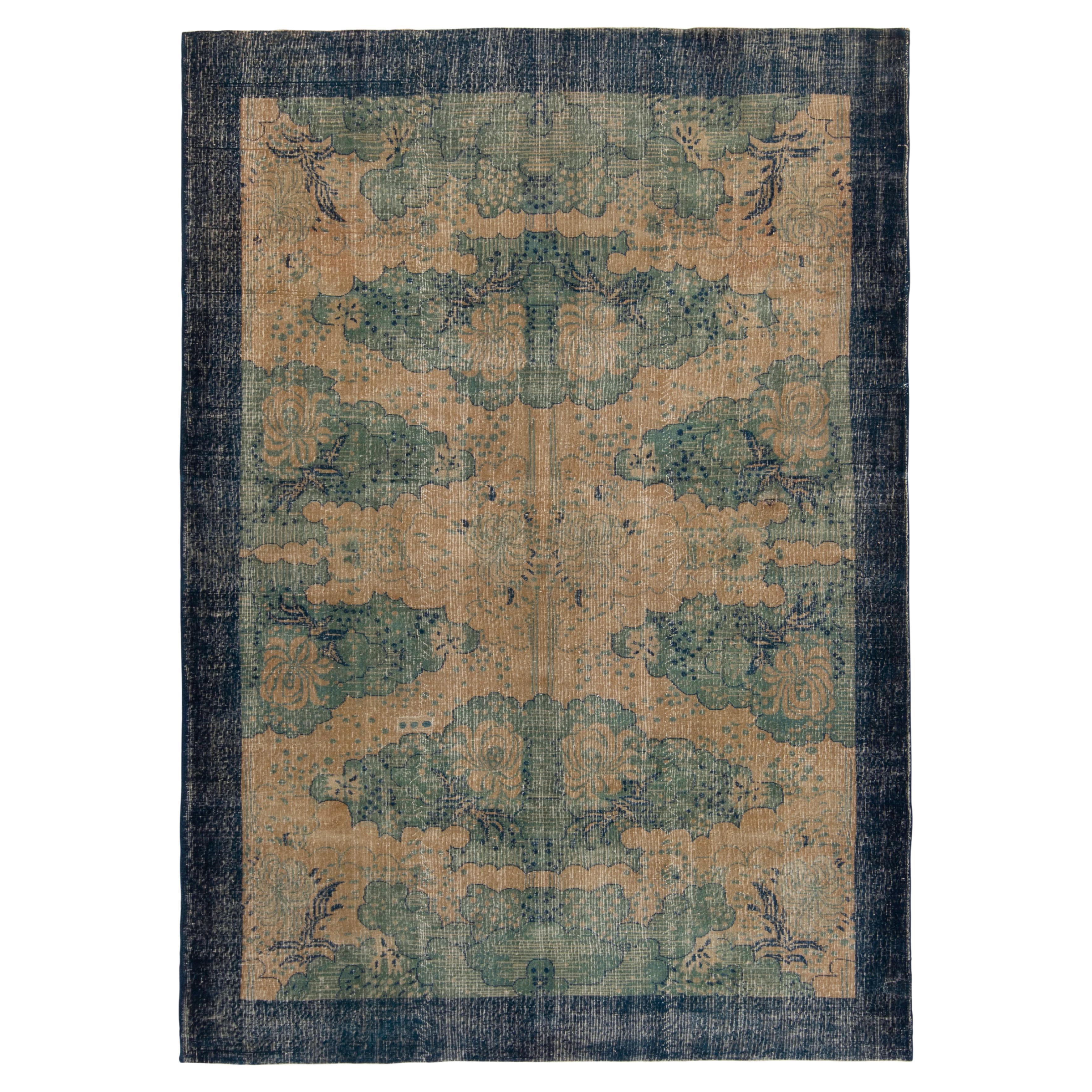 1960s Hand-Knotted Vintage Deco Rug in Blue, Cream Floral Pattern by Rug & Kilim