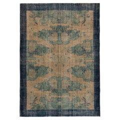 1960s Hand-Knotted Vintage Deco Rug in Blue, Cream Floral Pattern by Rug & Kilim