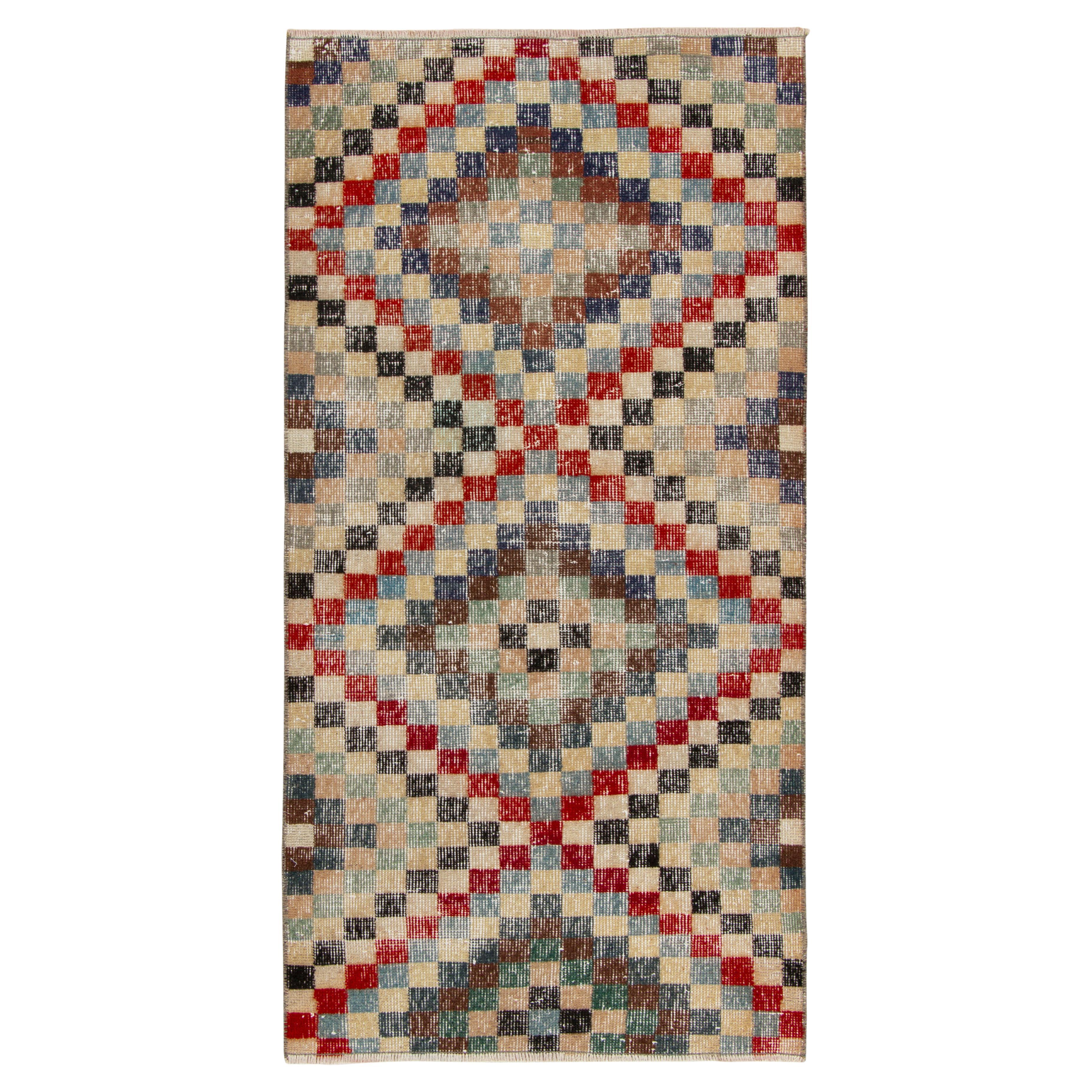 1960s Vintage Distressed Rug in Beige-Brown, Geometric Pattern by Rug & Kilim For Sale
