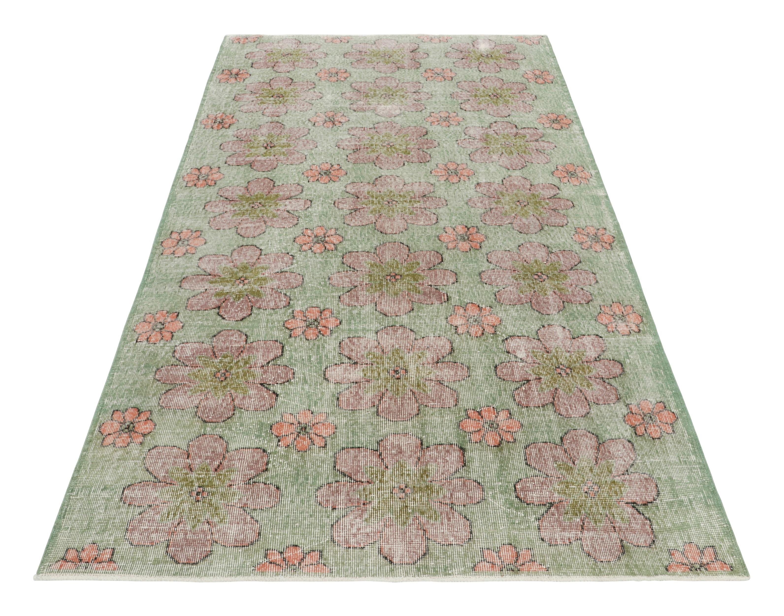 Mid-20th Century Vintage Turkish Rug in Green with Purple Floral Medallions  - Rug & Kilim For Sale