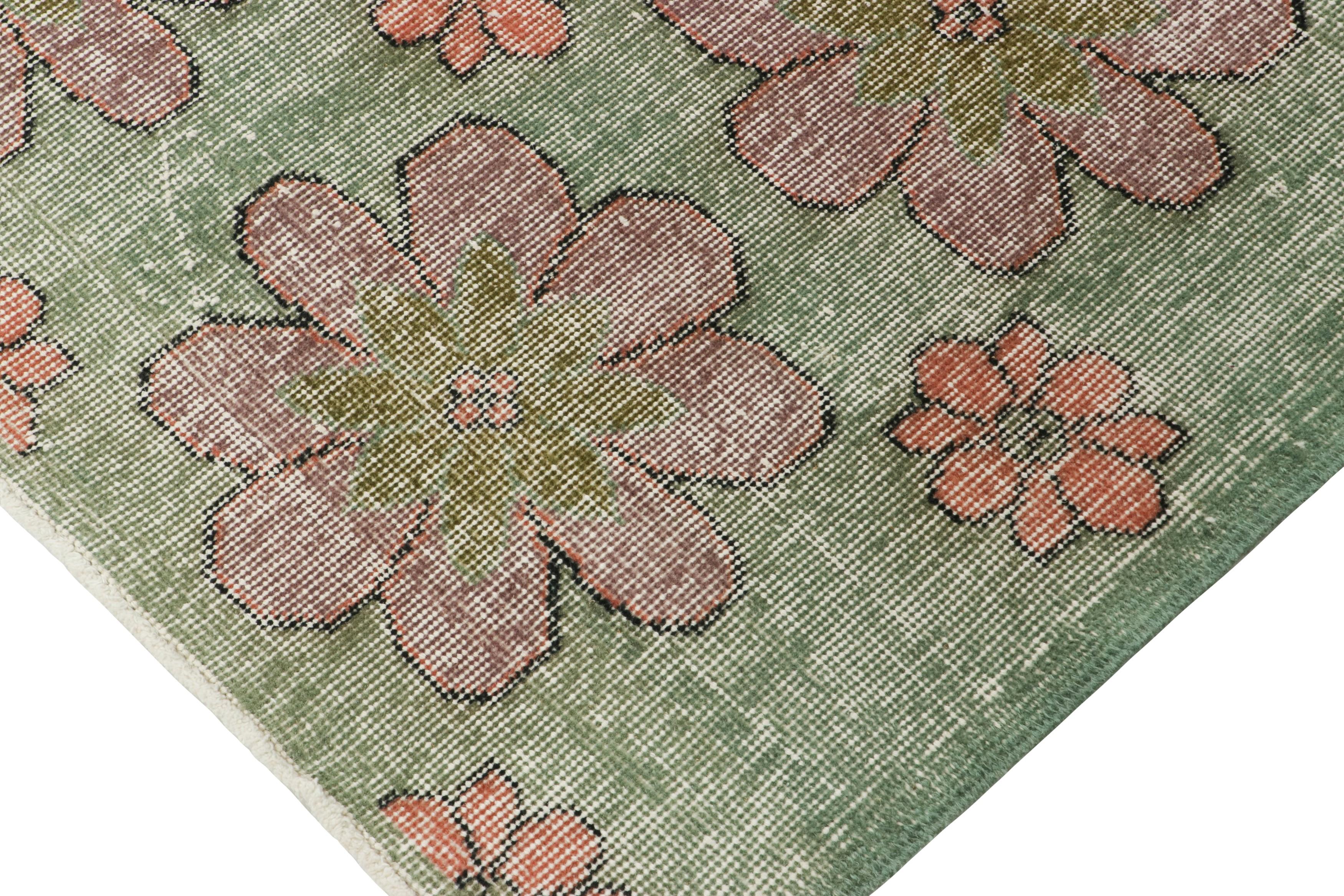 Wool Vintage Turkish Rug in Green with Purple Floral Medallions  - Rug & Kilim For Sale