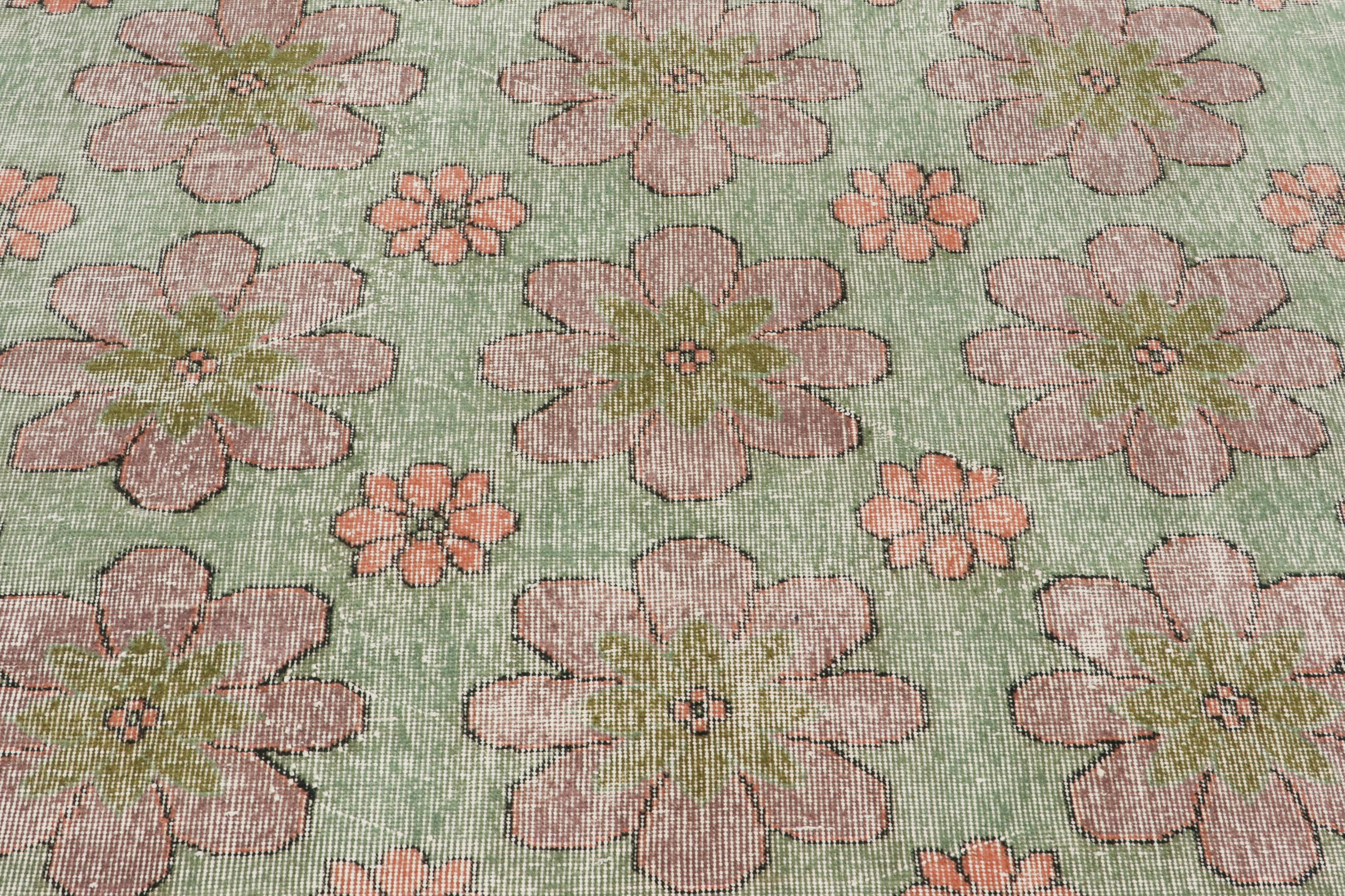 Hand-Knotted Vintage Turkish Rug in Green with Purple Floral Medallions  - Rug & Kilim For Sale