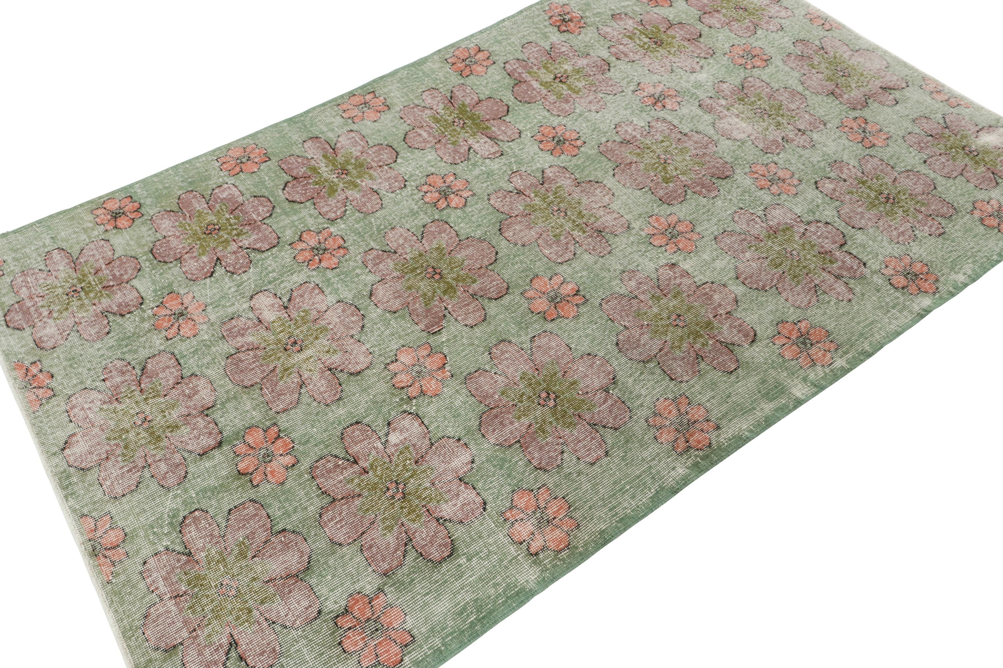 Vintage Turkish Rug in Green with Purple Floral Medallions  - Rug & Kilim In Good Condition For Sale In Long Island City, NY
