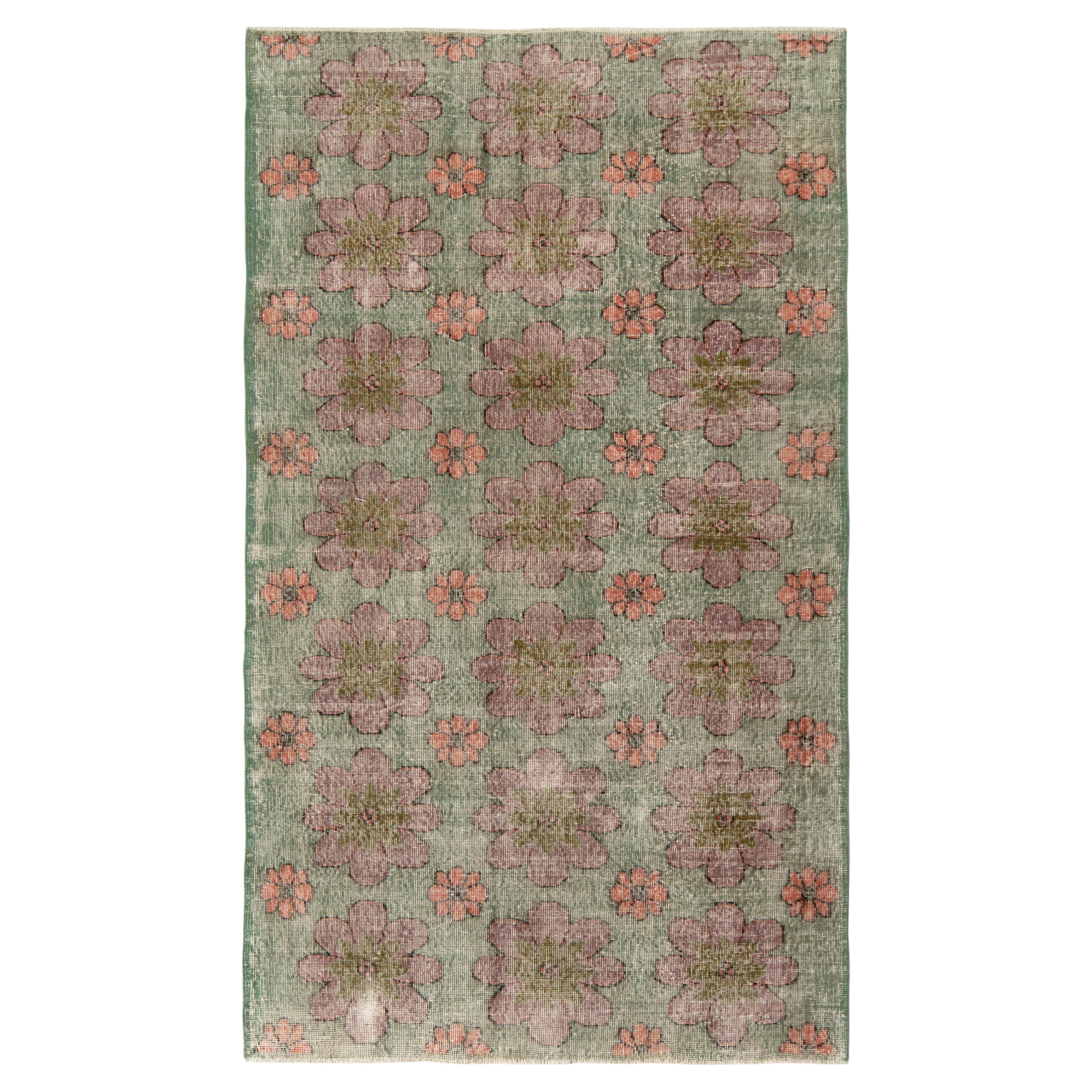 1960s Hand-Knotted Vintage Distressed Rug in Green Floral Pattern by Rug & Kilim