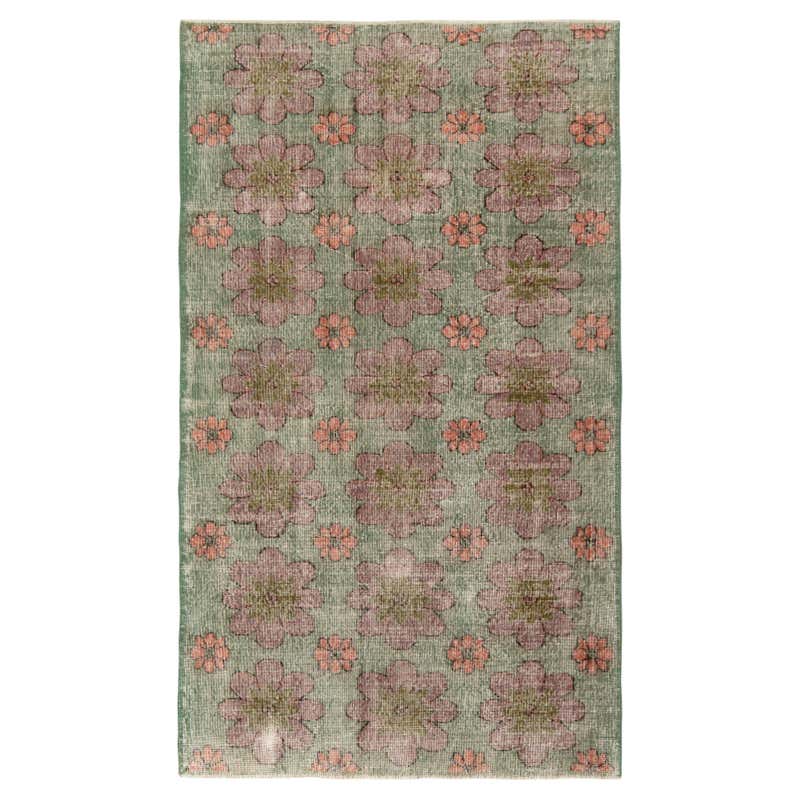 60s Retro Rugs 1960s Hand-Knotted Vintage Distressed Rug in Green Floral Pattern by ...