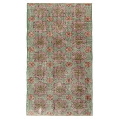 1960s Hand-Knotted Retro Distressed Rug in Green Floral Pattern by Rug & Kilim