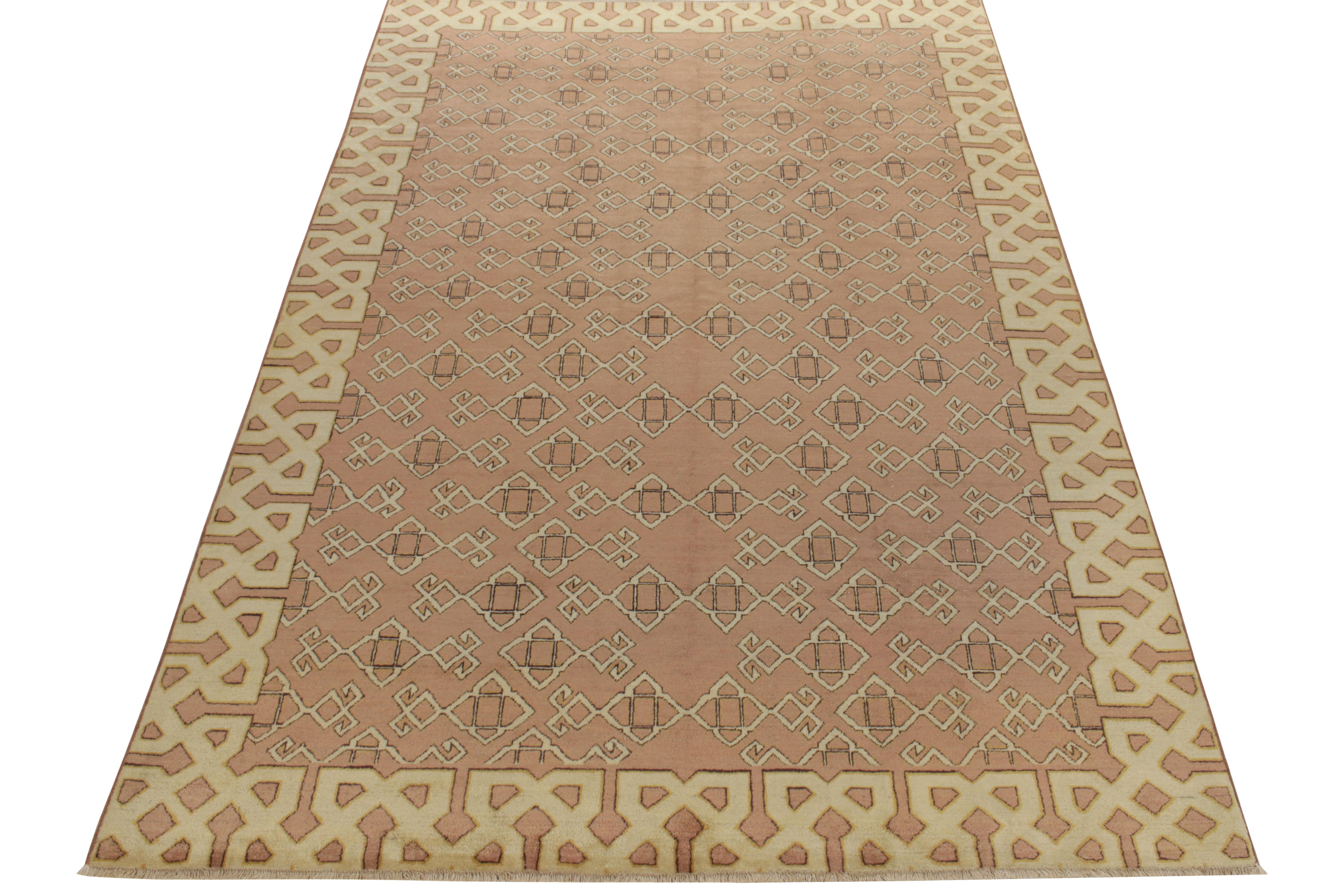 Incorporating a refined geometric pattern with tribal sensibilities, a 6x10 vintage drawing in mid century style from an acclaimed Turkish designer. The rug relishes a beige-brown colorway, deliciously complementing the natural element of distress