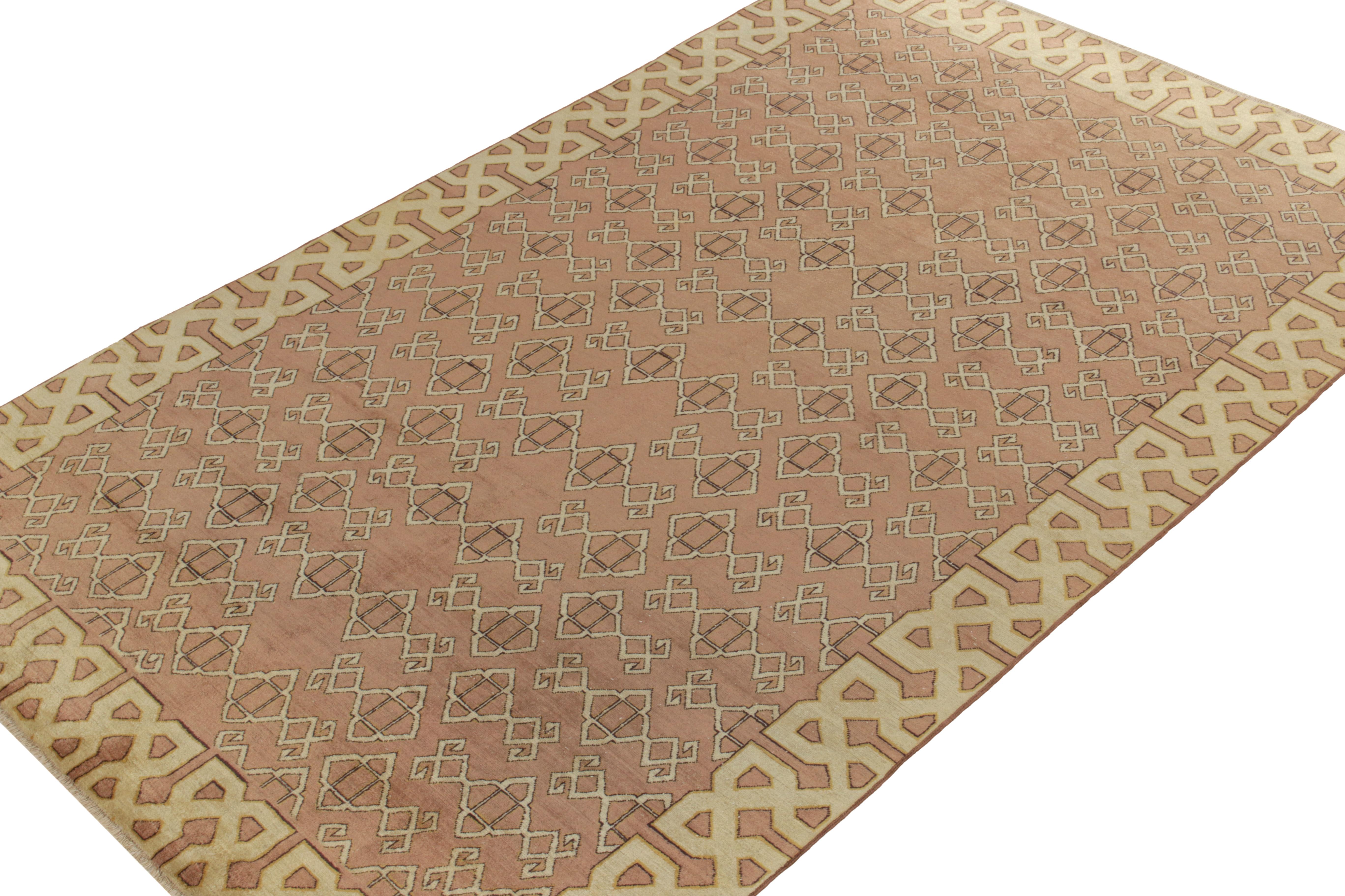 Art Deco 1960s Hand-Knotted Vintage Rug in Beige-Brown Geometric Pattern by Rug & Kilim For Sale