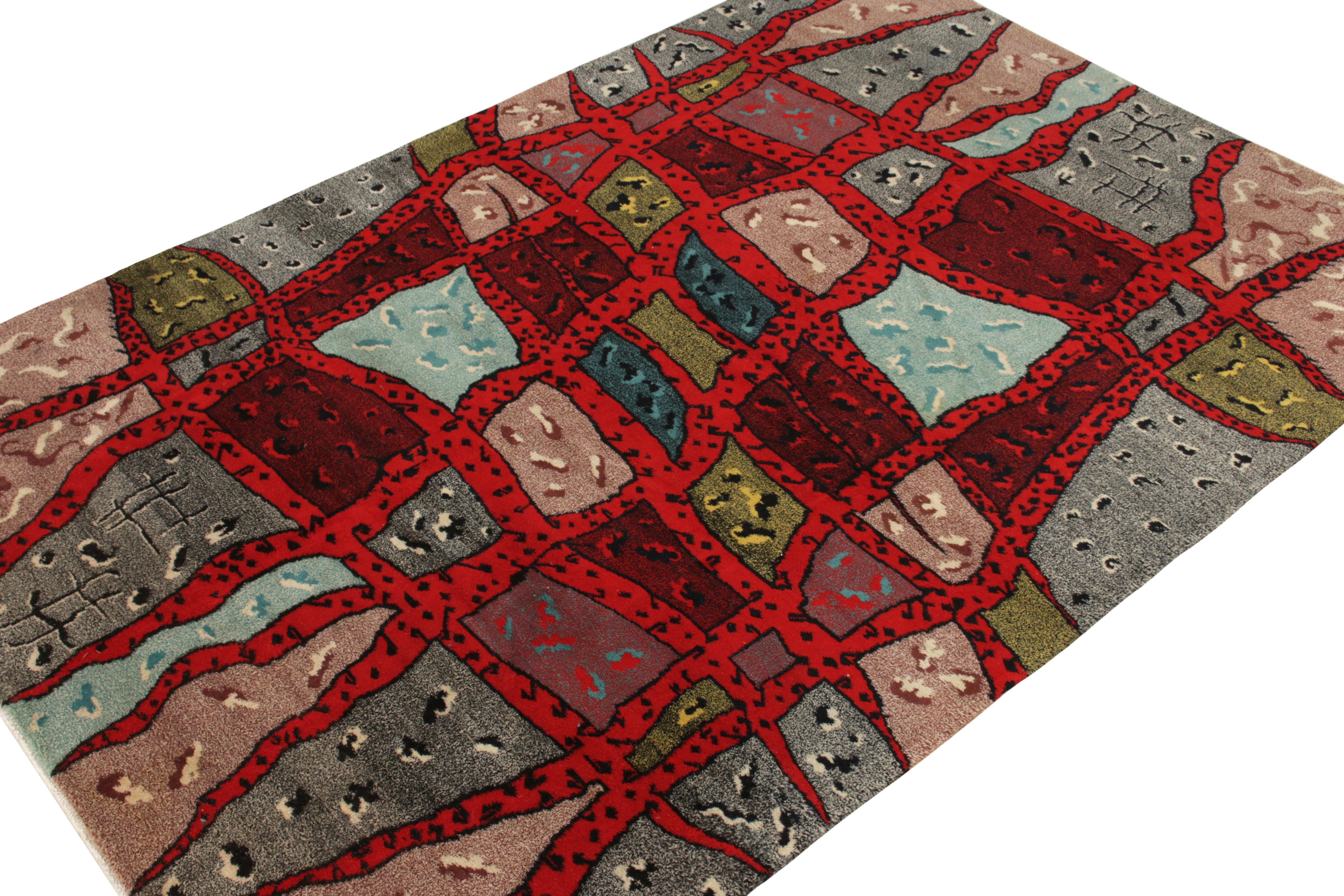 Handgeknüpfter roter, blauer Vintage-Teppich im Mid-Century Modern-Stil von Teppich & Kelim aus den 1960er Jahren (Art déco) im Angebot