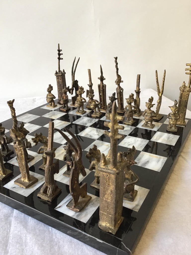 1960s Hand Made African Brass Chess Set on Marble Board at 1stDibs