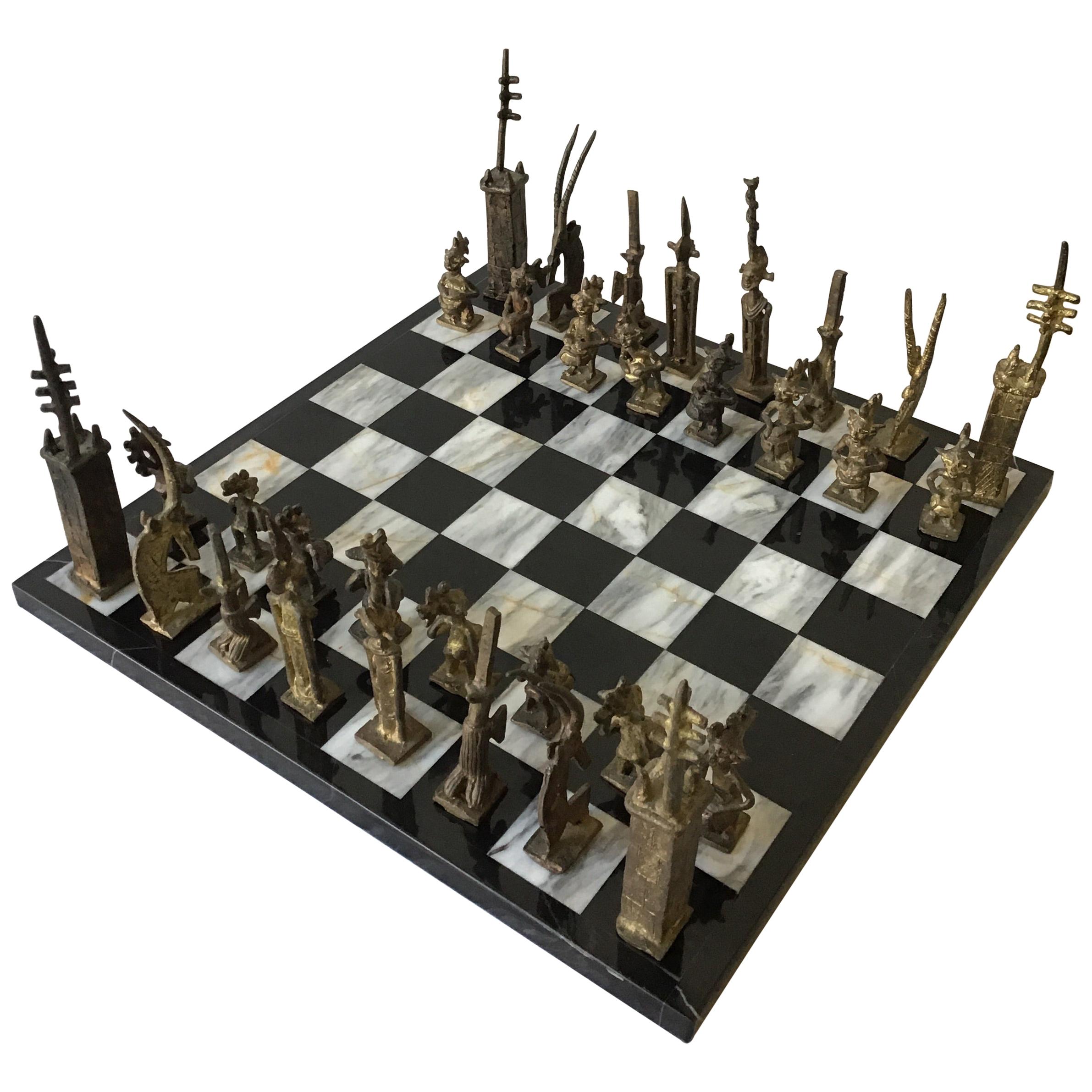 1960s Hand Made African Brass Chess Set on Marble Board