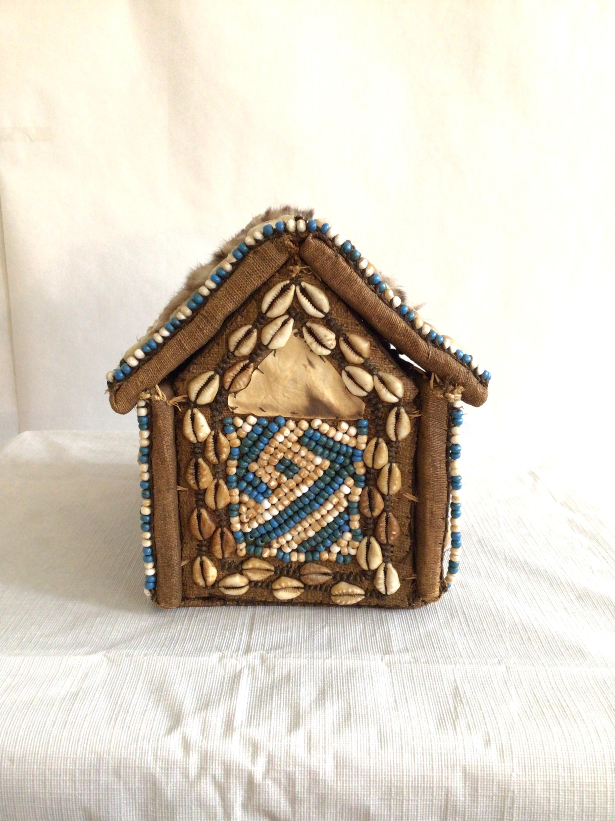 Hand-Crafted 1960s Hand-Made African Tabletop Hut with Shells and Beading For Sale
