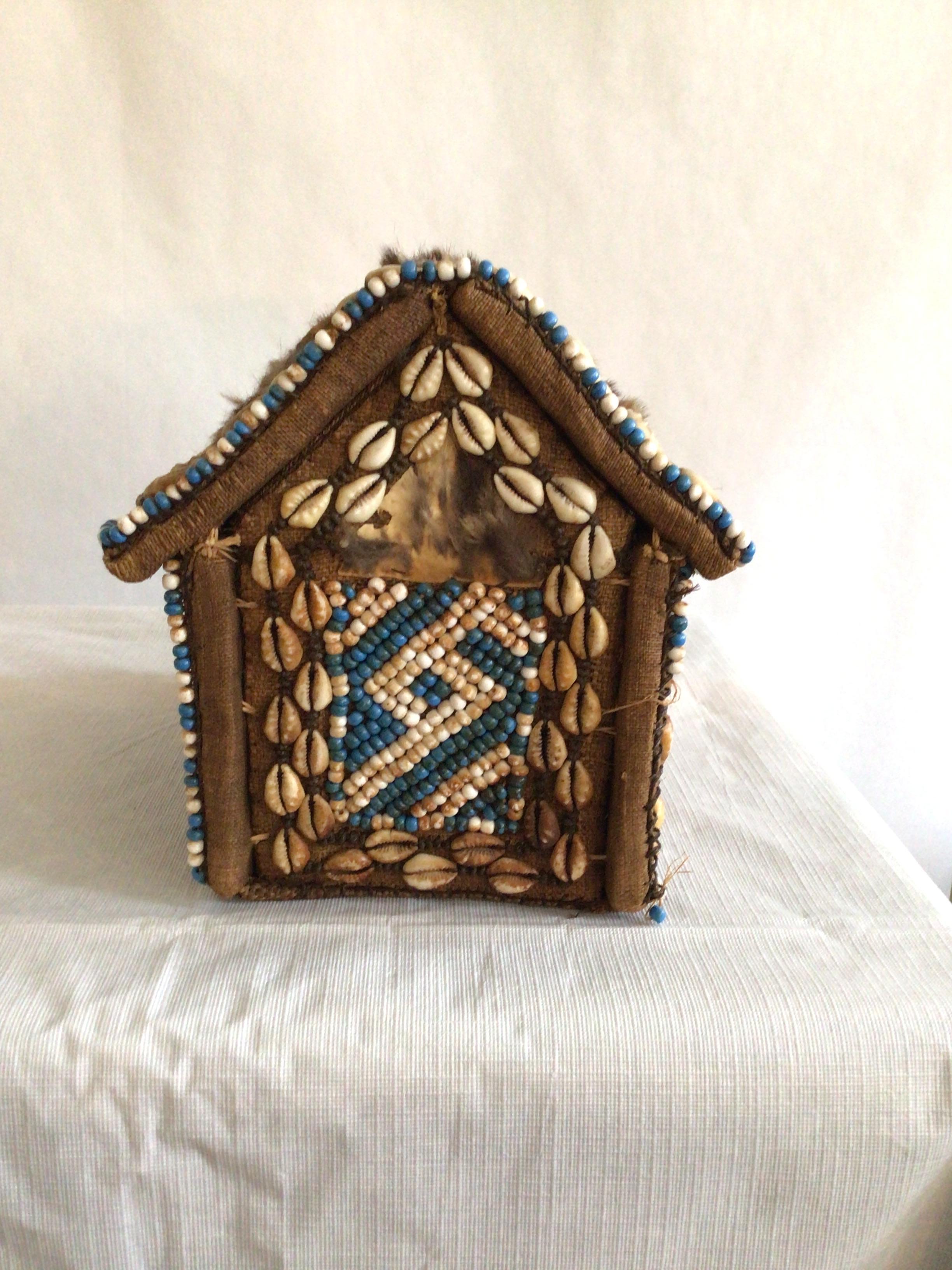 Mid-20th Century 1960s Hand-Made African Tabletop Hut with Shells and Beading For Sale