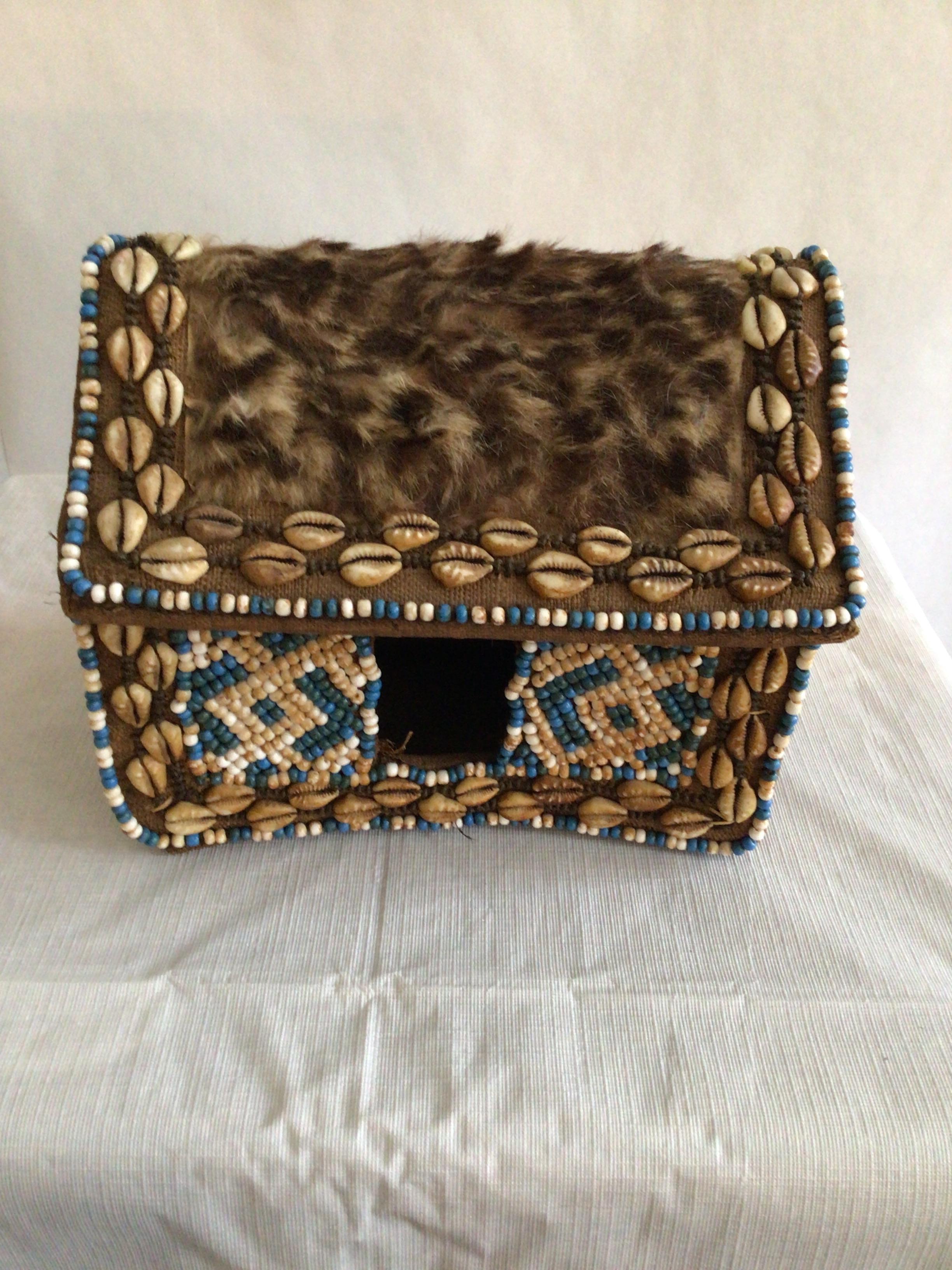 Fur 1960s Hand-Made African Tabletop Hut with Shells and Beading For Sale