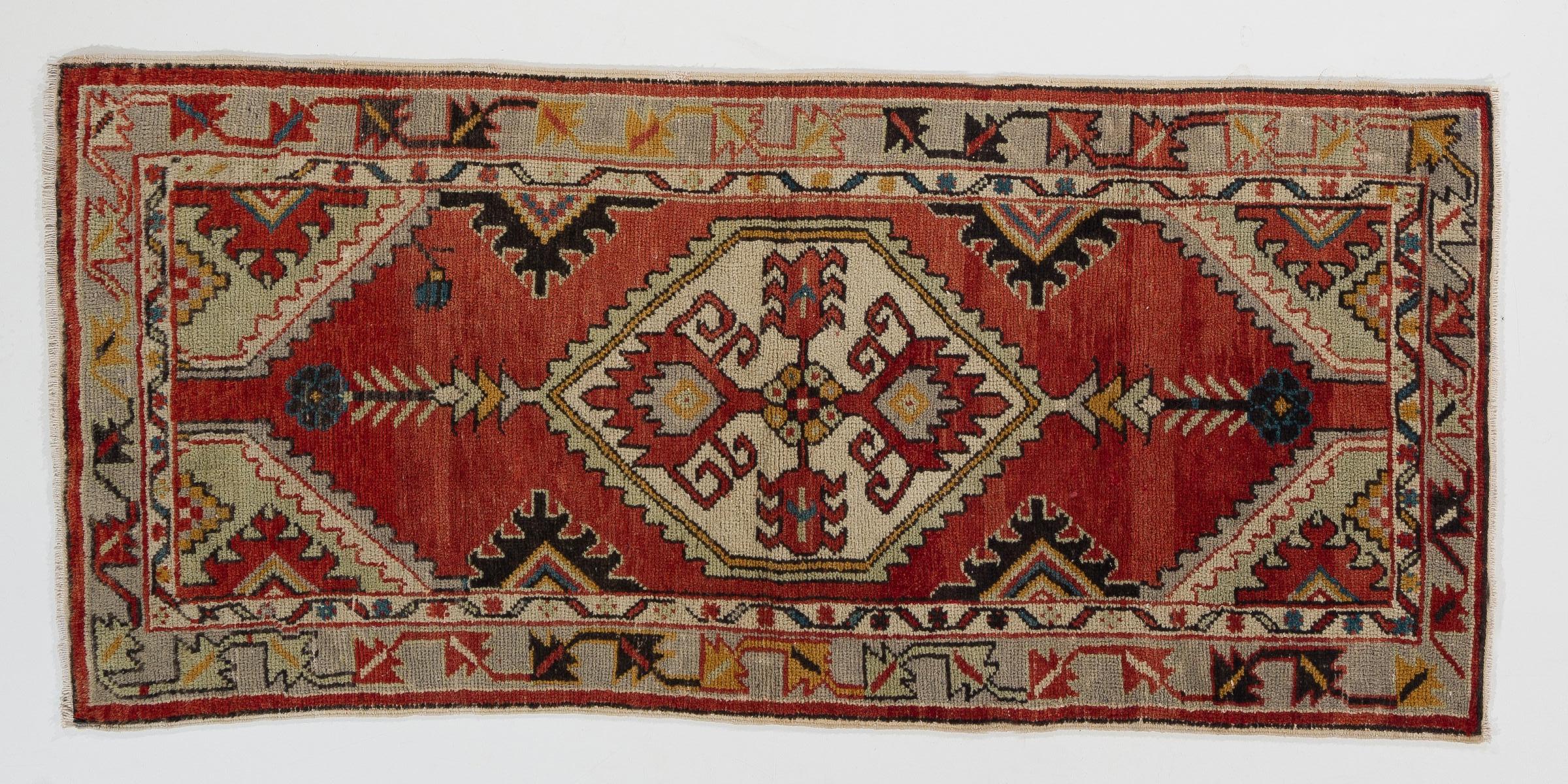 Hand-Knotted 2.7x5.7 Ft 1960's Hand Made Oriental Accent Rug, Vintage All Wool Tribal Carpet  For Sale